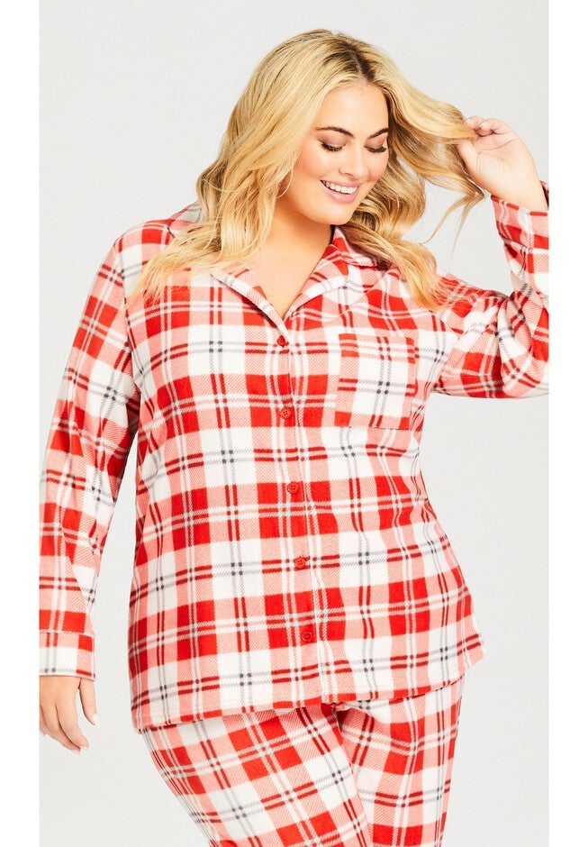 Button Check Fleece Sleep Top, RED CHECK, hi-res image number null