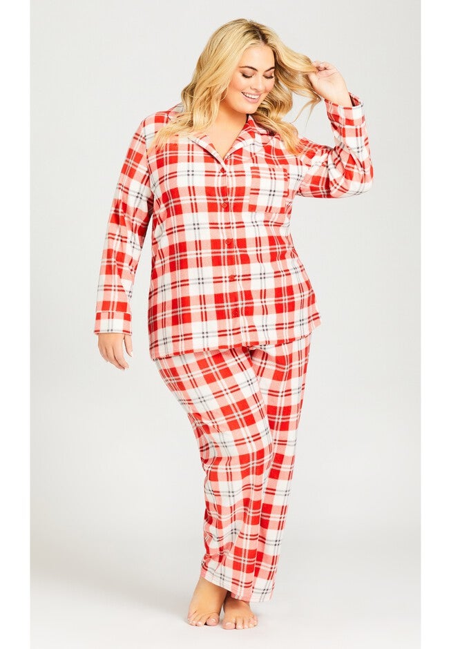 Button Check Fleece Sleep Top, RED CHECK, on-hover image number null