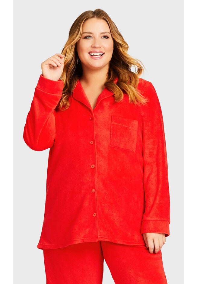 Plain Button Fleece Sleep Top, RED, hi-res image number null