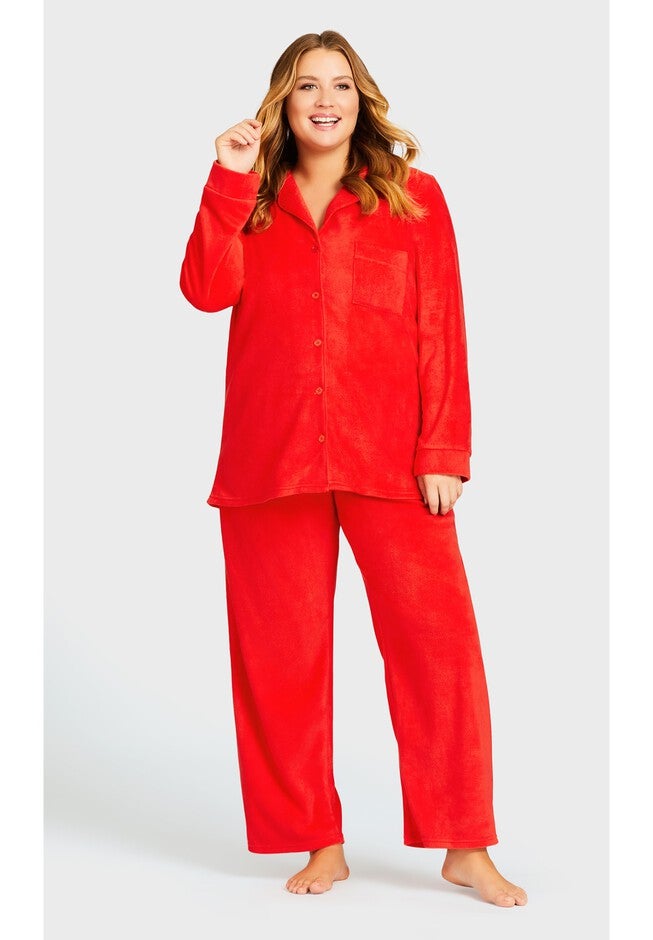Plain Button Fleece Sleep Top, RED, alternate image number null