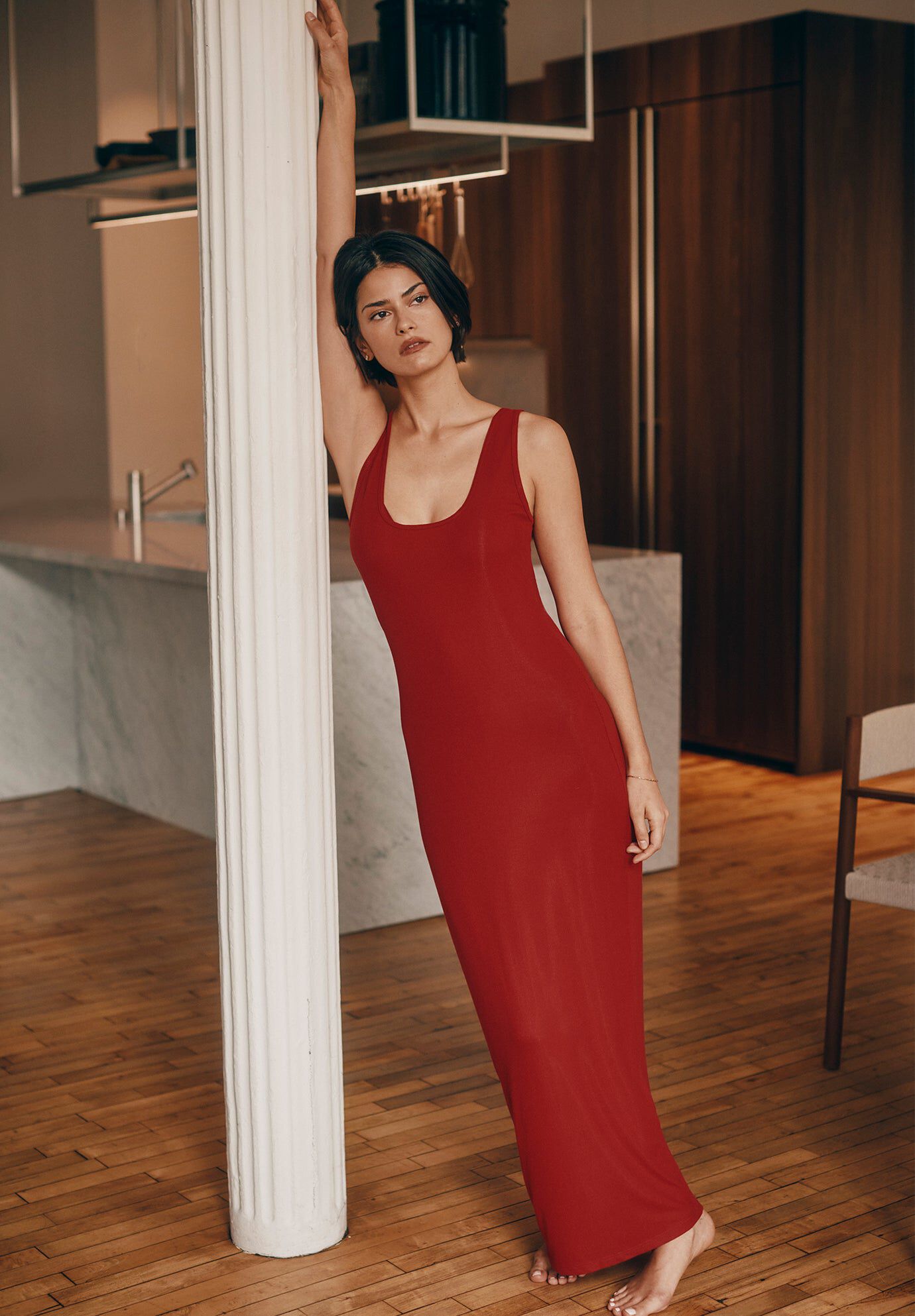 The Midi Dress - Modal Silk Rib, SCARLET, hi-res image number 0