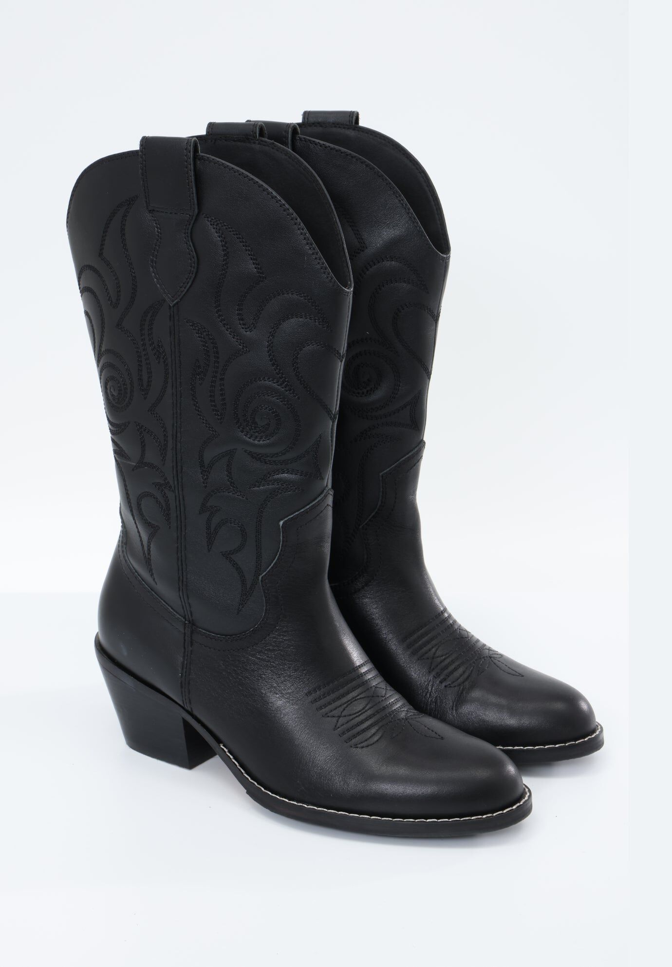 Dolly Western Embroidered Leather Mid Calf Boots, Black / Black, hi-res image number 0
