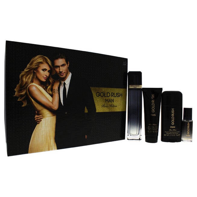 Gold Rush Man by Paris Hilton for Men - 4 Pc Gift Set 3.4oz EDT Spray, 0.5oz EDT Spray, 3.0oz Hair Body Wash, 2.75oz Alcohol Free Deodorant Stick, , alternate image number null