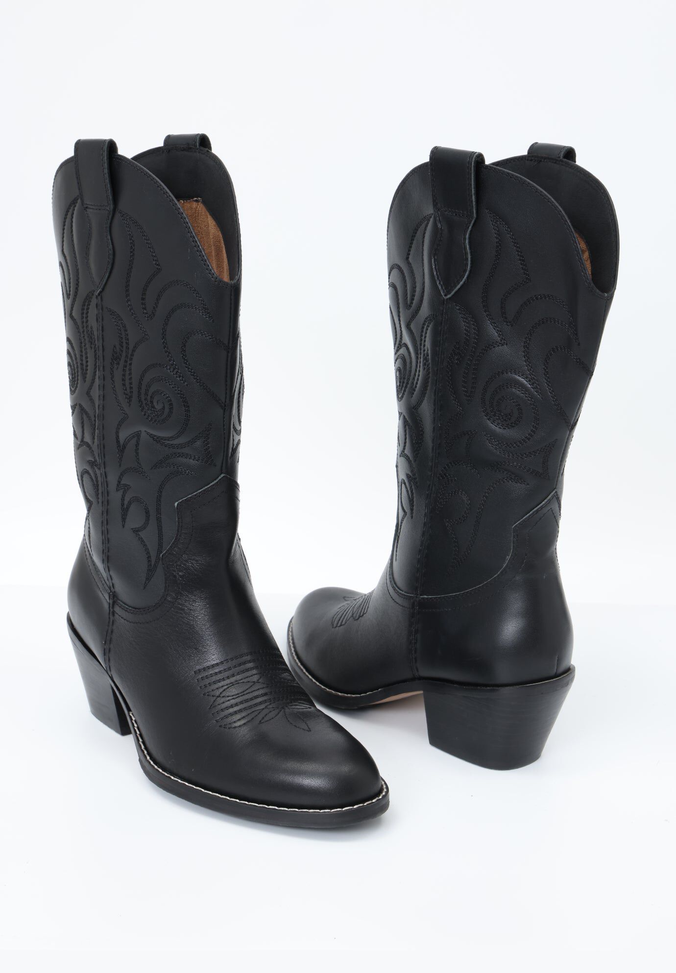Dolly Western Embroidered Leather Mid Calf Boots, Black / Black, alternate image number 1