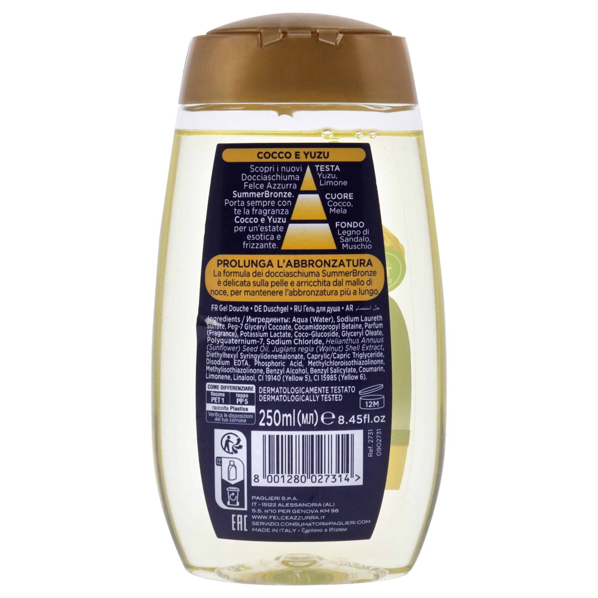 Summer Bronze - Cocco and Yuzu by Felce Azzurra for Unisex - 8.45 oz Shower Gel, See Description, alternate image number 2