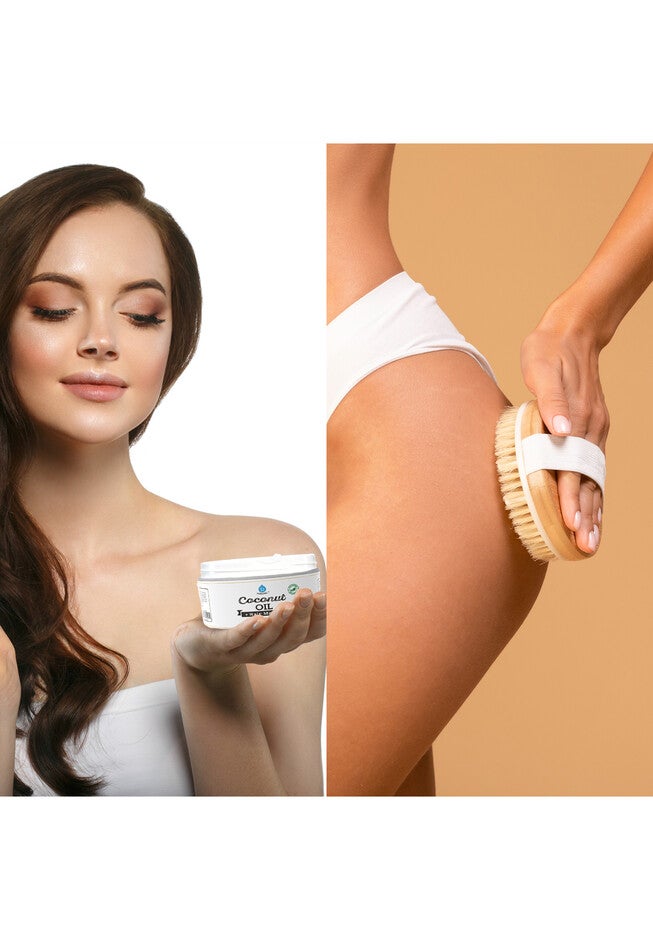 Hair Care And Massage Bundle: Bath Brush And Rubber Massager With Lotus Wooden Handle + 100% Natural Coconut Oil Hair Mask 10 Oz, , alternate image number null