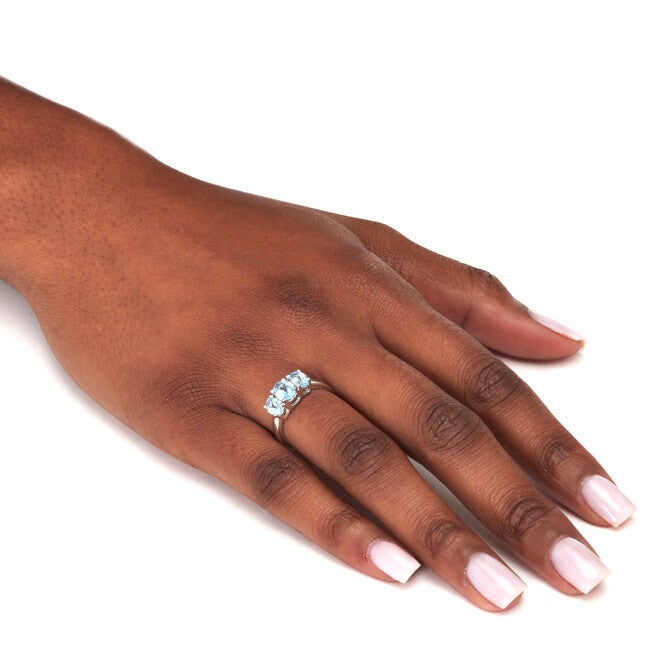 2.24 TCW Oval Cut Genuine Blue Topaz Sterling Silver 3-Stone Ring, BLUE, alternate image number null