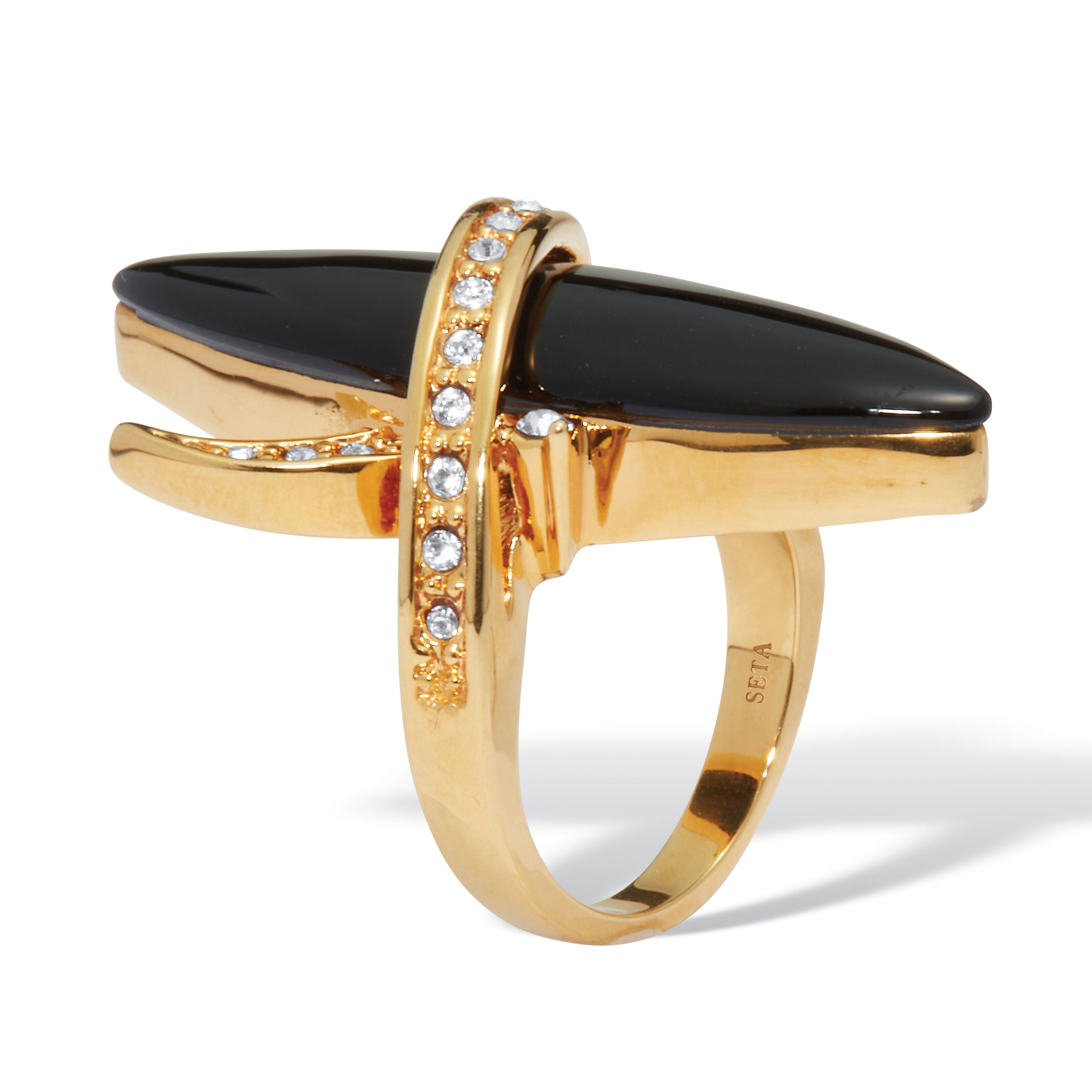 14k Gold-Plated Wrapped Marquise Onyx and Crystal Ring, BLACK, on-hover image number 1