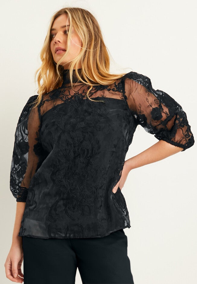 Mockneck Lace Top, BLACK LOTUS LACE, hi-res image number null