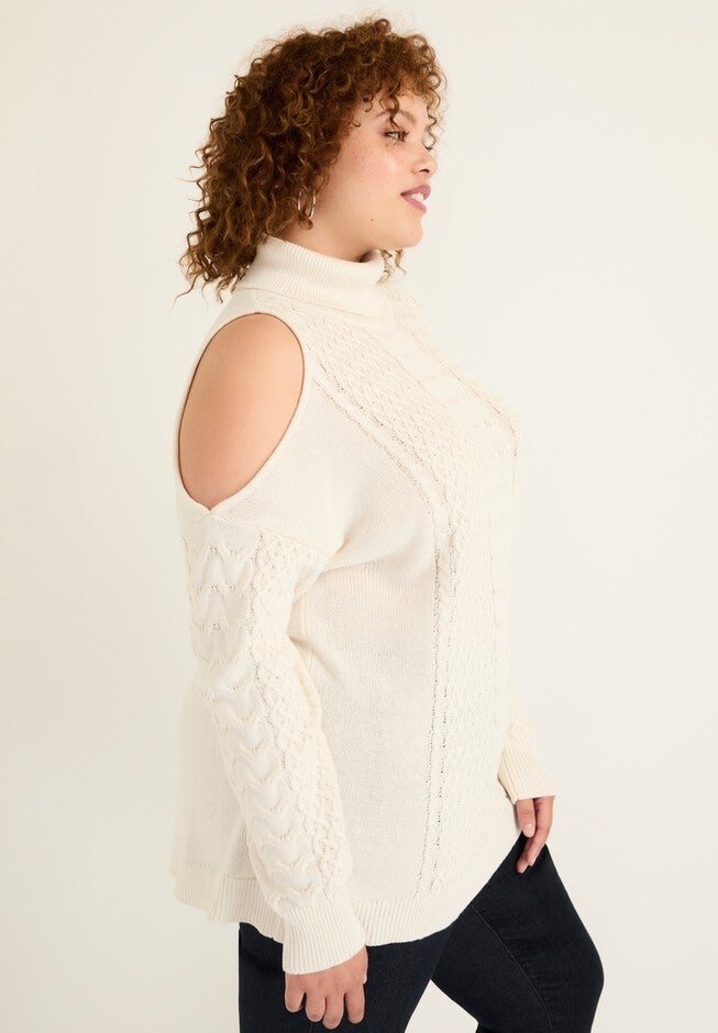 Cold-Shoulder Cable-Knit Turtleneck, , alternate image number null