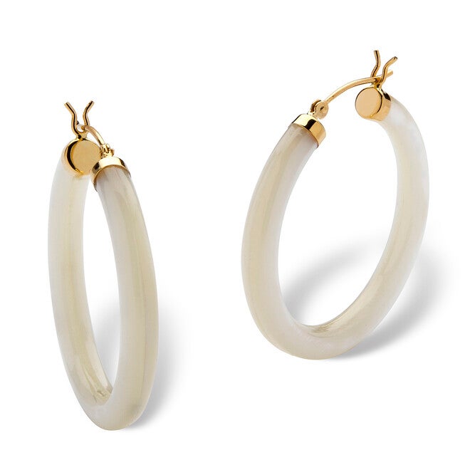 Genuine Mother-Of-Pearl 14k Yellow Gold Hoop Earrings, WHITE, hi-res image number null