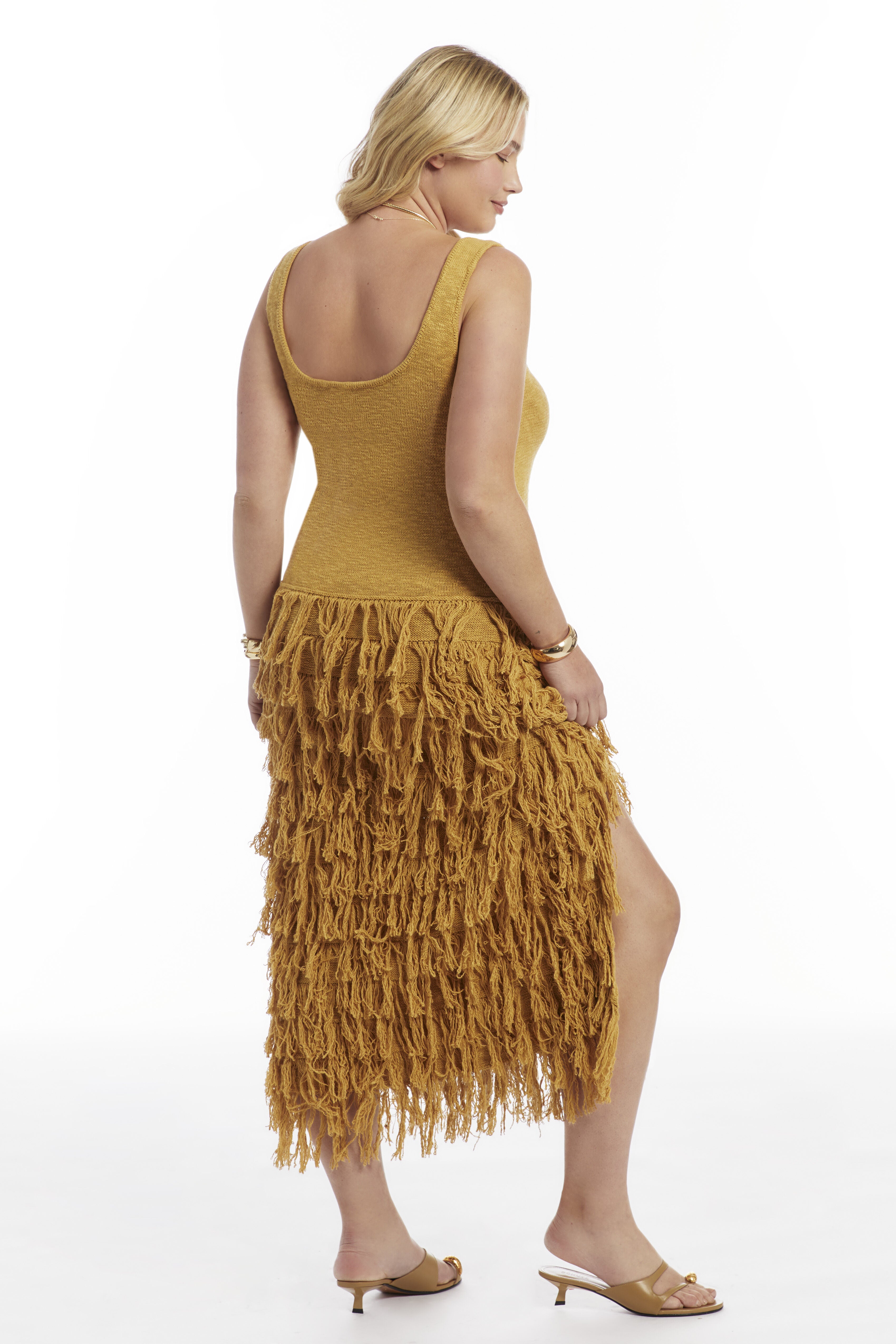 Sweater Fringe Maxi Dress, MUSTARD GOLD, alternate image number 2