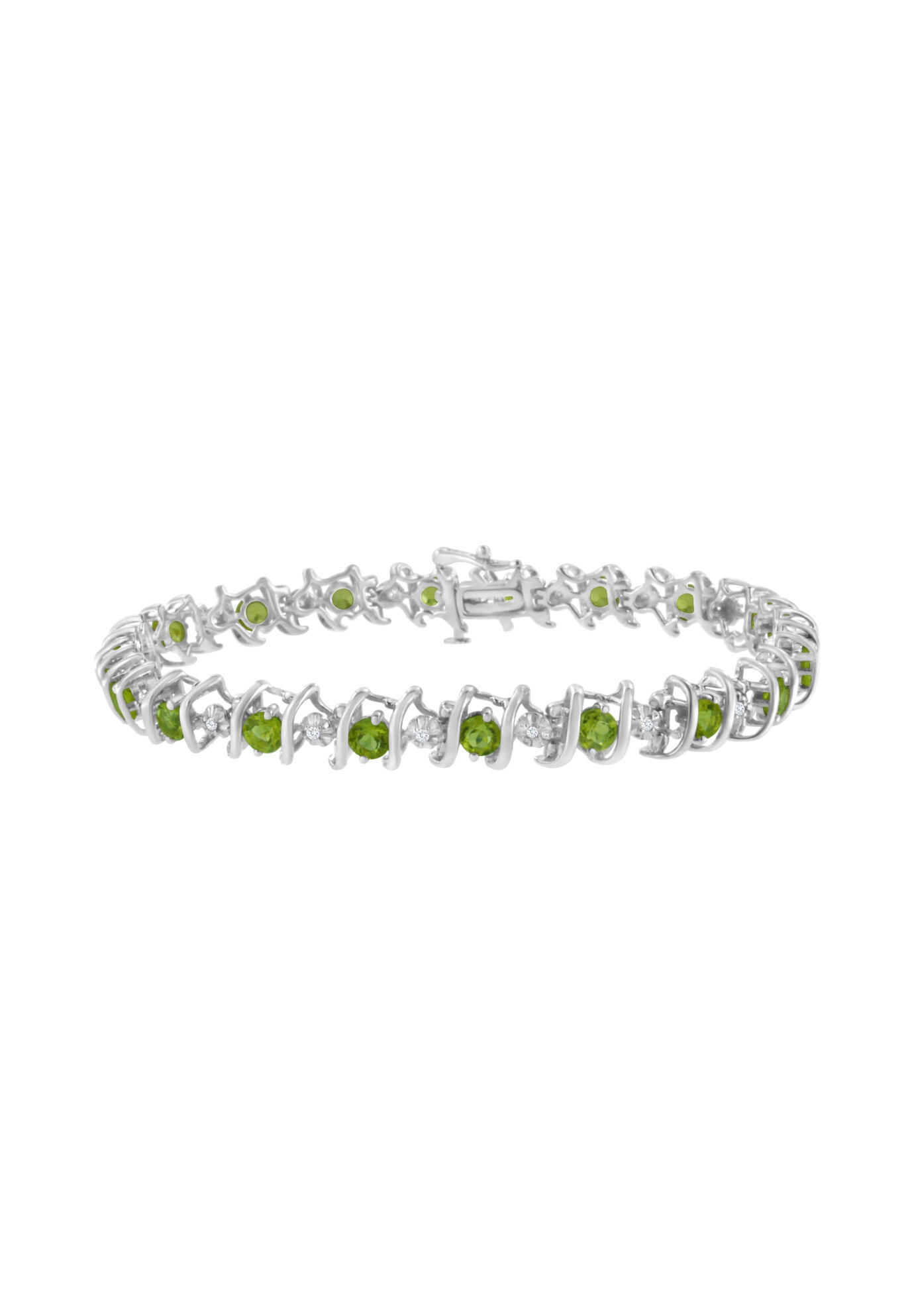 Sterling Silver Gemstone & Round Diamond Tennis Bracelet Green Peridot August Birthstone, WHITE, hi-res image number 0