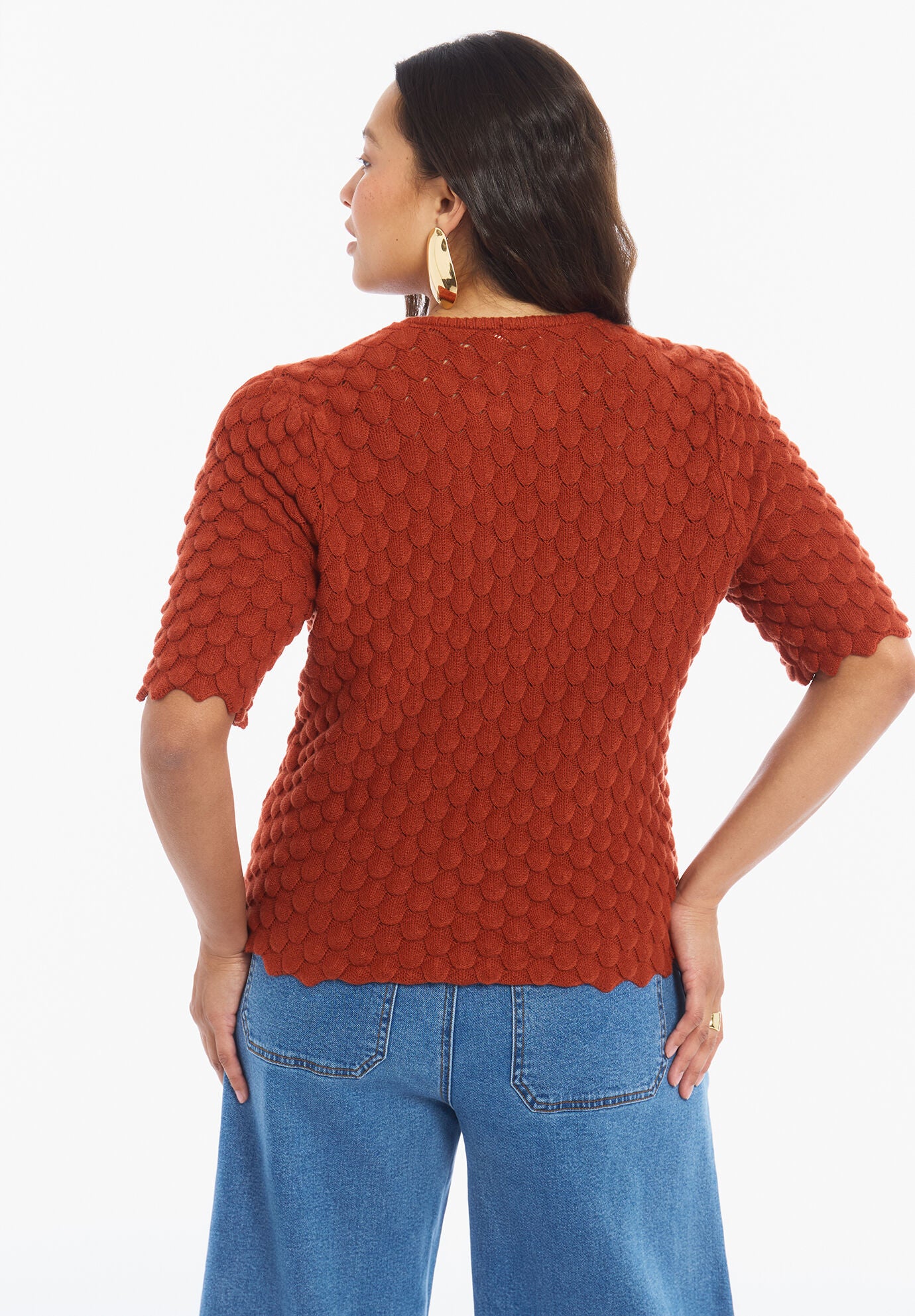 Scallop-Trim Short Sleeve Sweater, BURNT OCHRE, on-hover image number 1