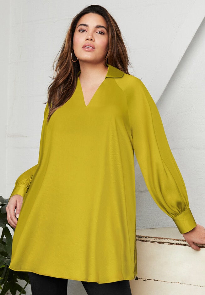 Puff-Sleeve Satin Blouse, LIGHT MOSS, hi-res image number null