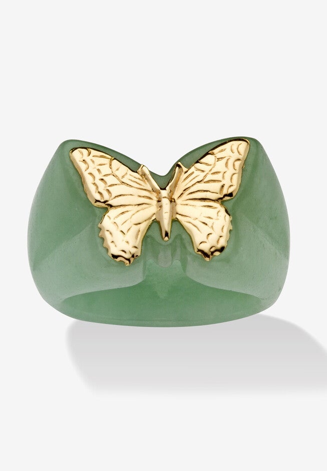 14K Yellow Gold Genuine Green Jade Butterfly Ring, GOLD, hi-res image number 0