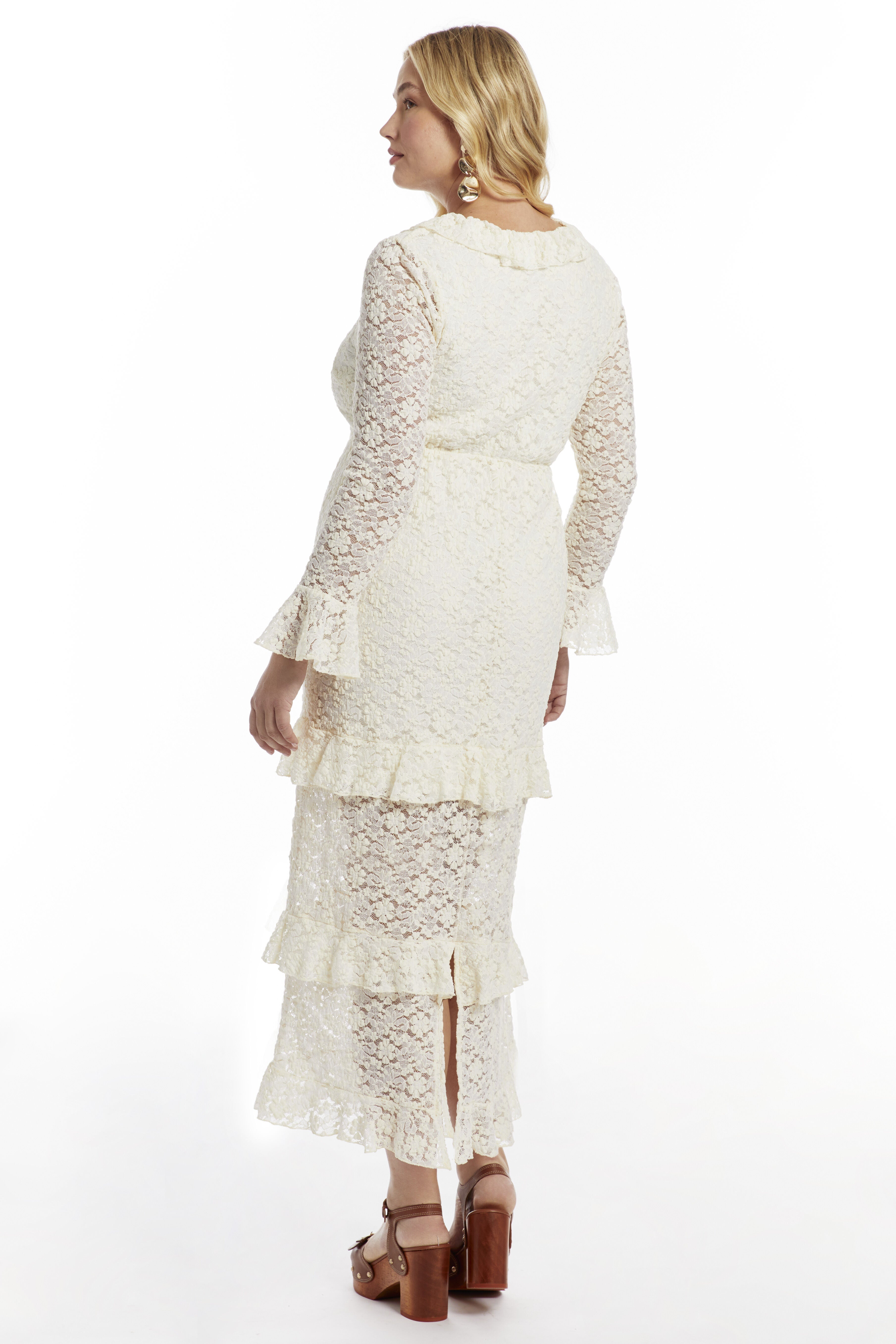 Ruffled Lace Maxi Dress, WARM CREAM, alternate image number 2