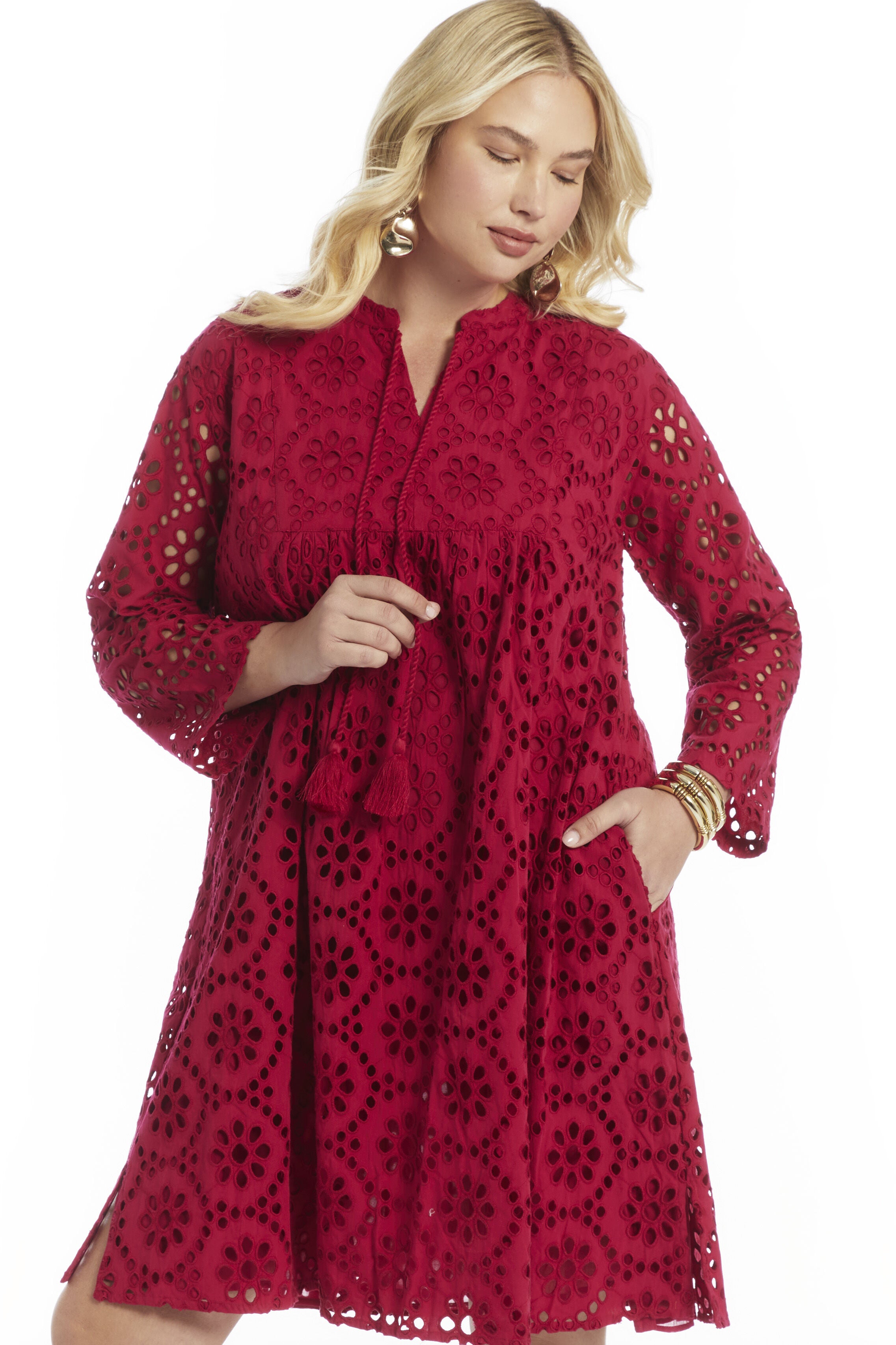 Eyelet Shirtdress, CERISE, on-hover image number 1