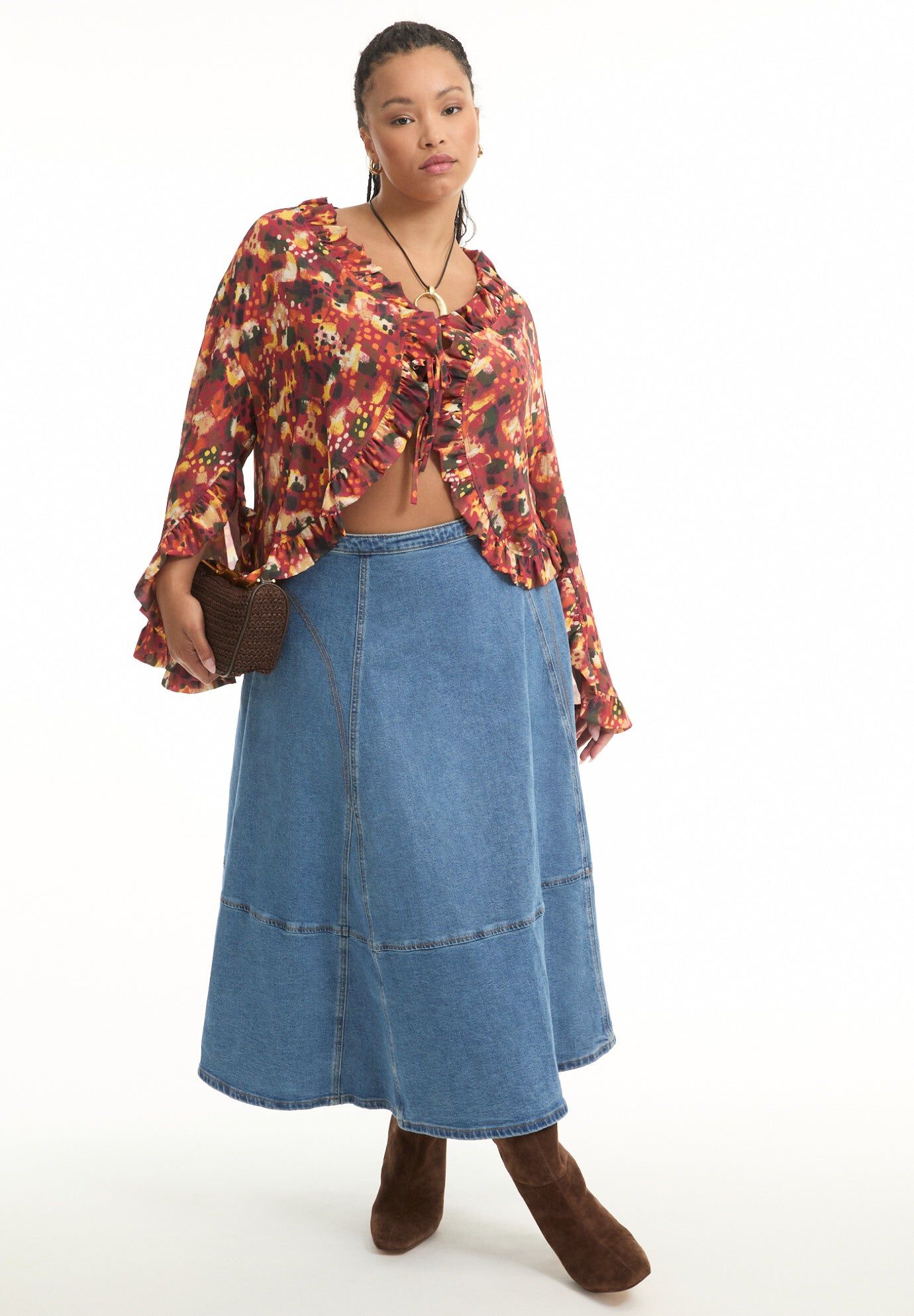 Fit-And-Flare Denim Midi Skirt