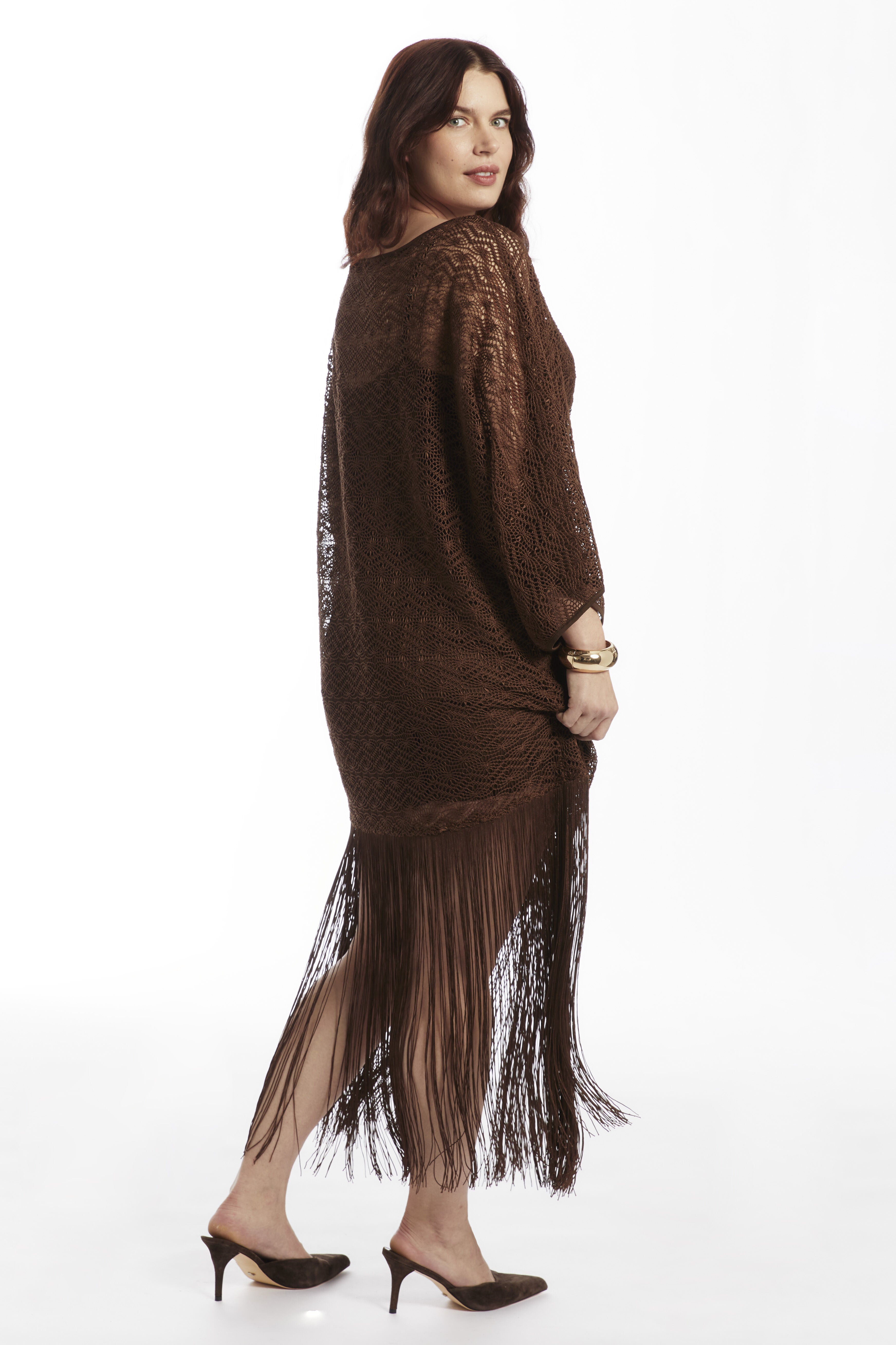 Lace Kimono Dress with Fringe, CHESTNUT, alternate image number 3
