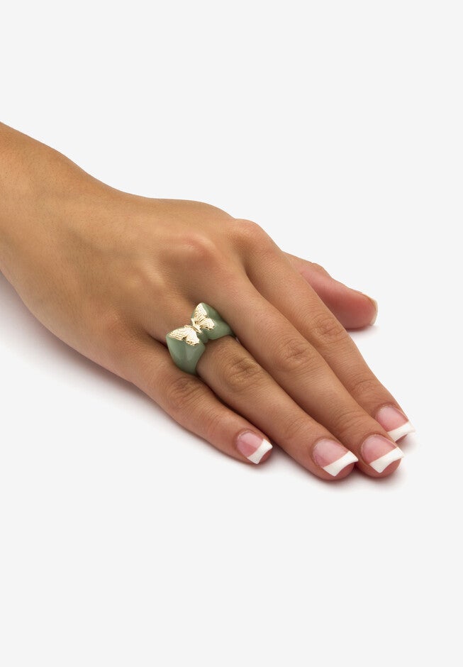 14K Yellow Gold Genuine Green Jade Butterfly Ring, , alternate image number 2