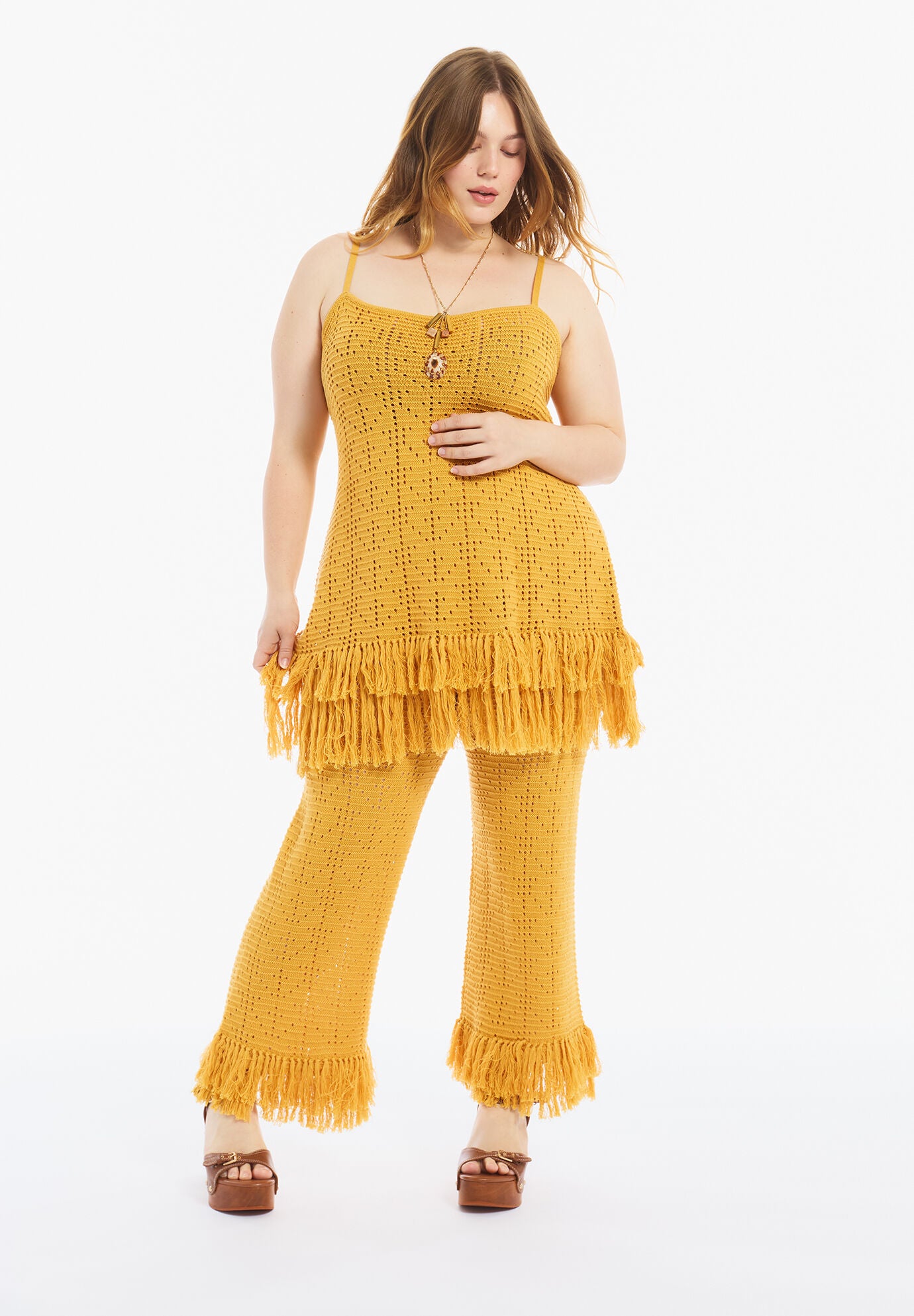 Fringe Trim Pointelle Knit Tunic, HONEY GOLD, alternate image number 2