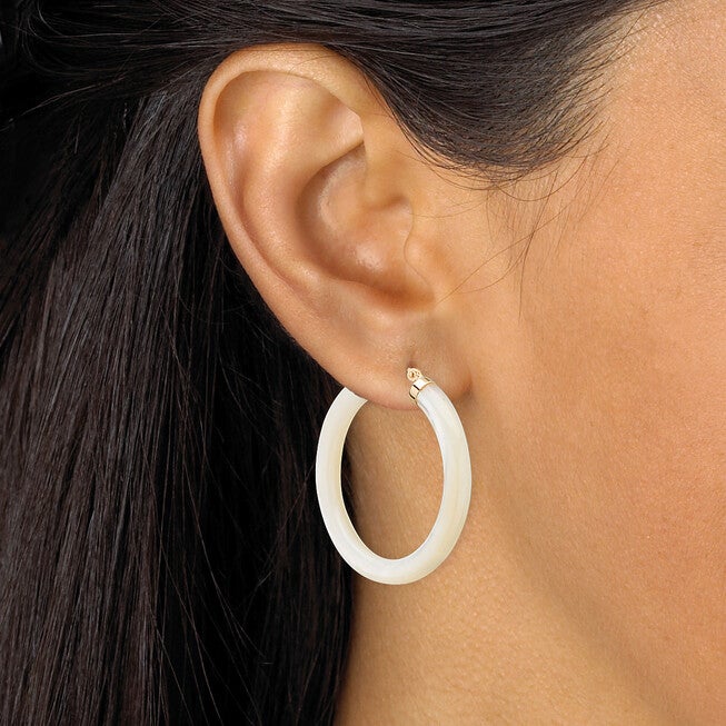 Genuine Mother-Of-Pearl 14k Yellow Gold Hoop Earrings, WHITE, alternate image number null