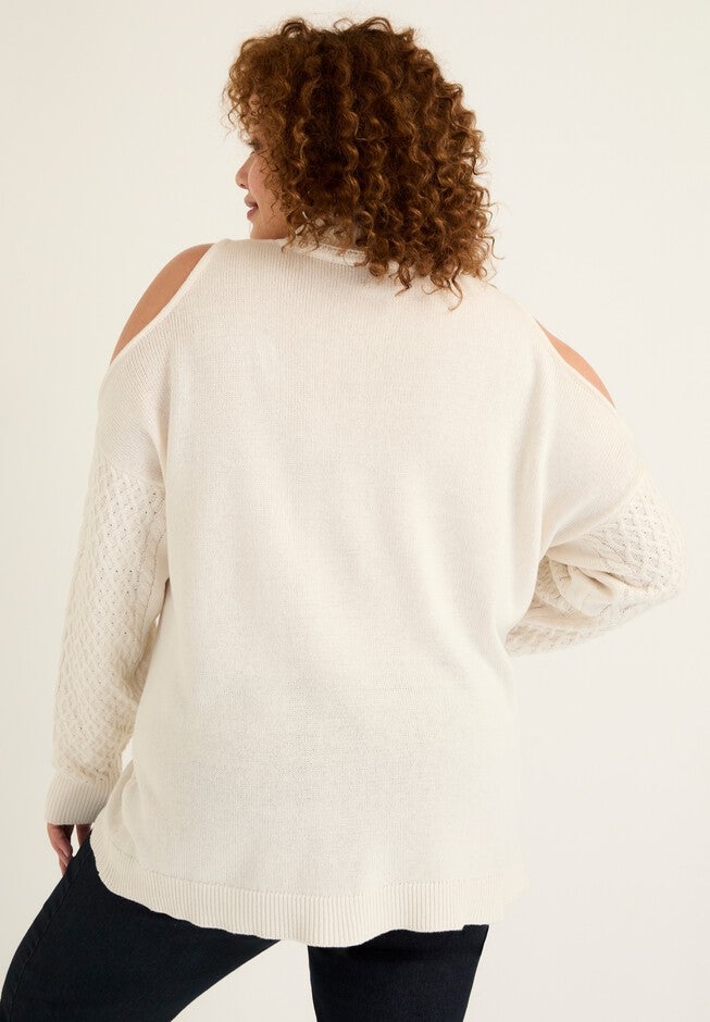 Cold-Shoulder Cable-Knit Turtleneck, , on-hover image number null