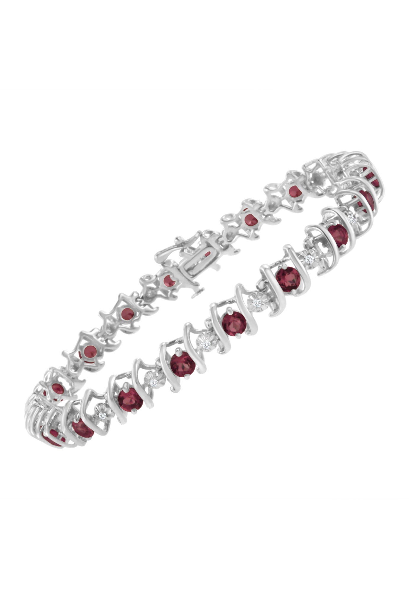 Sterling Silver Gemstone & Round Diamond Tennis Bracelet Ruby July Birthstone, , alternate image number 2