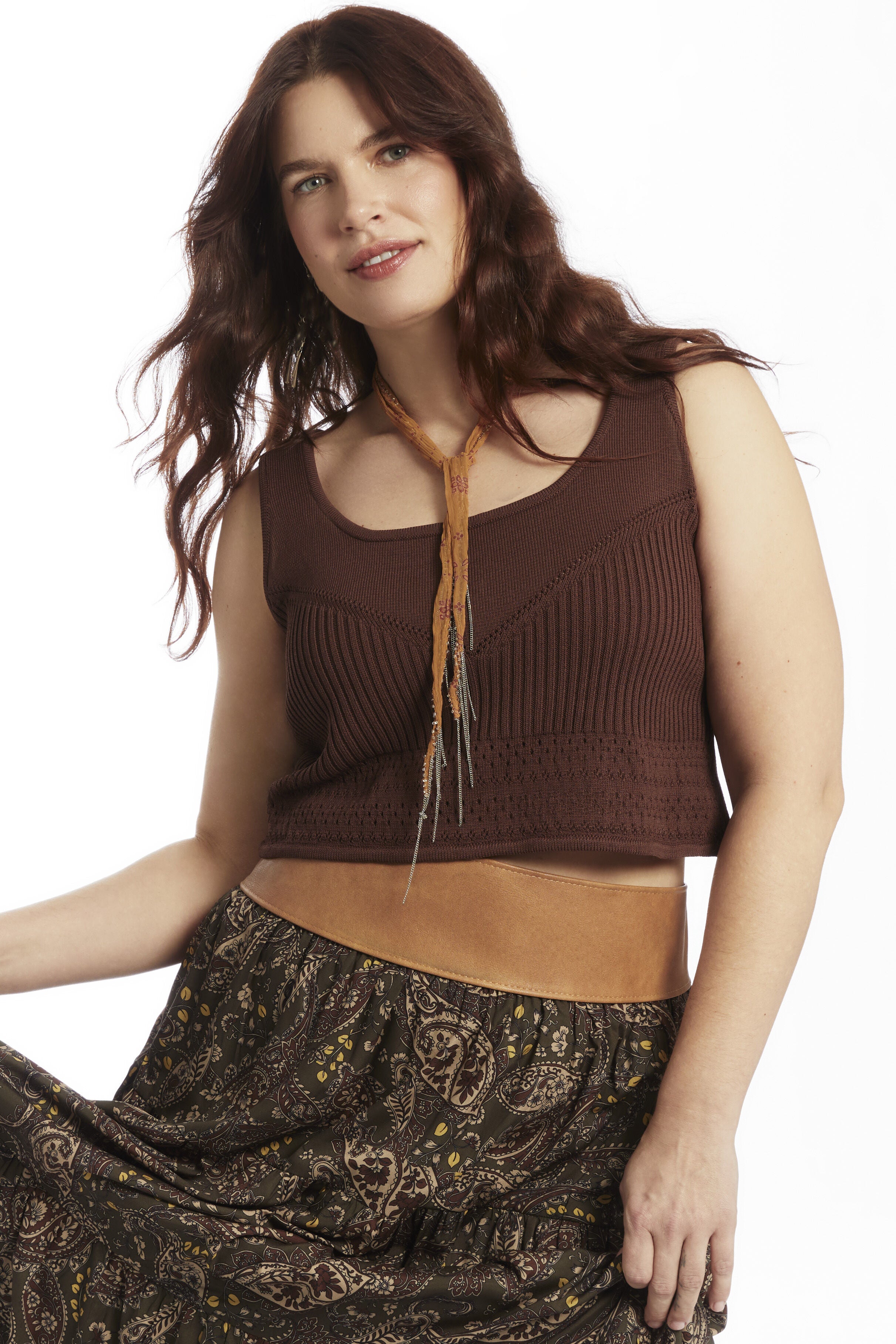 Pointelle Cropped Sweater, CHESTNUT, on-hover image number 1