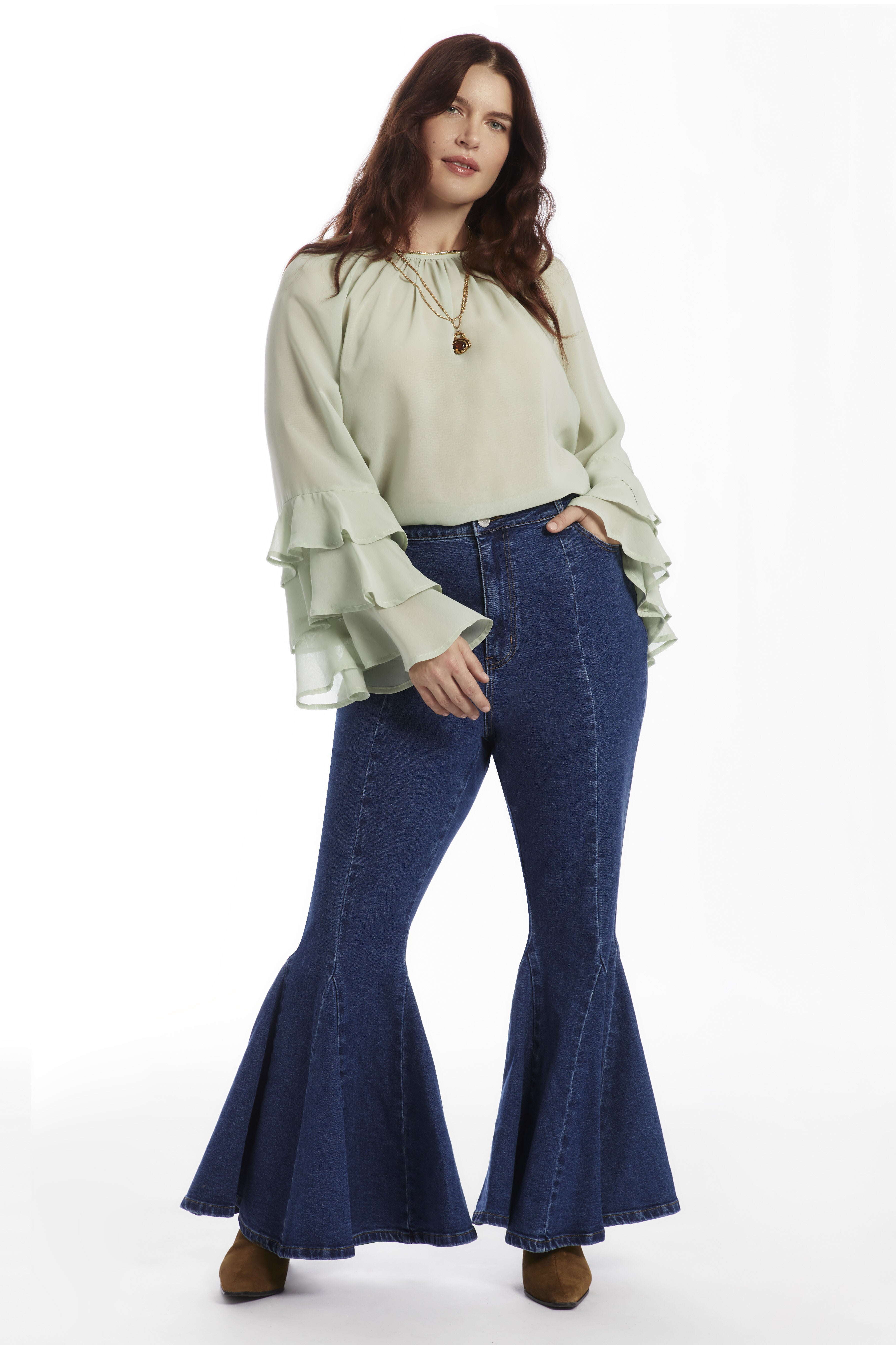 High Waisted Flare Godet Jean, VINTAGE MEDIUM WASH, on-hover image number 1