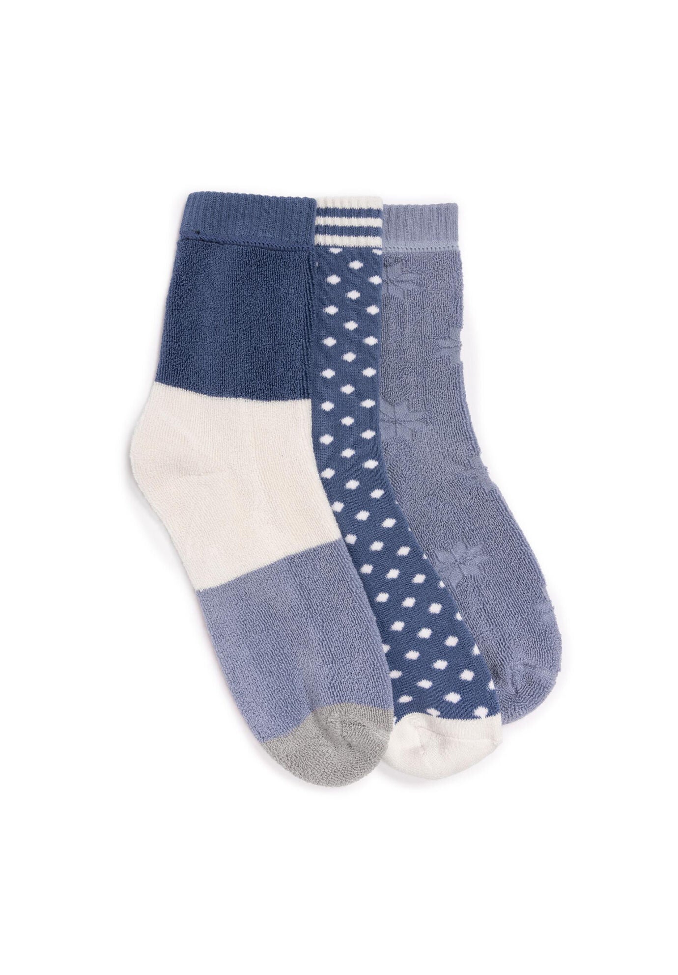 3 Pair Terry Slipper Socks, BLUE SNOWFLAKE, hi-res image number 0
