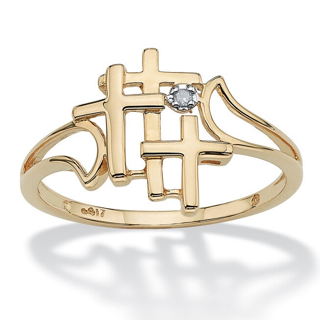 Diamond Accent Solid 10k Yellow Gold Triple Cross Ring, WHITE, hi-res image number null