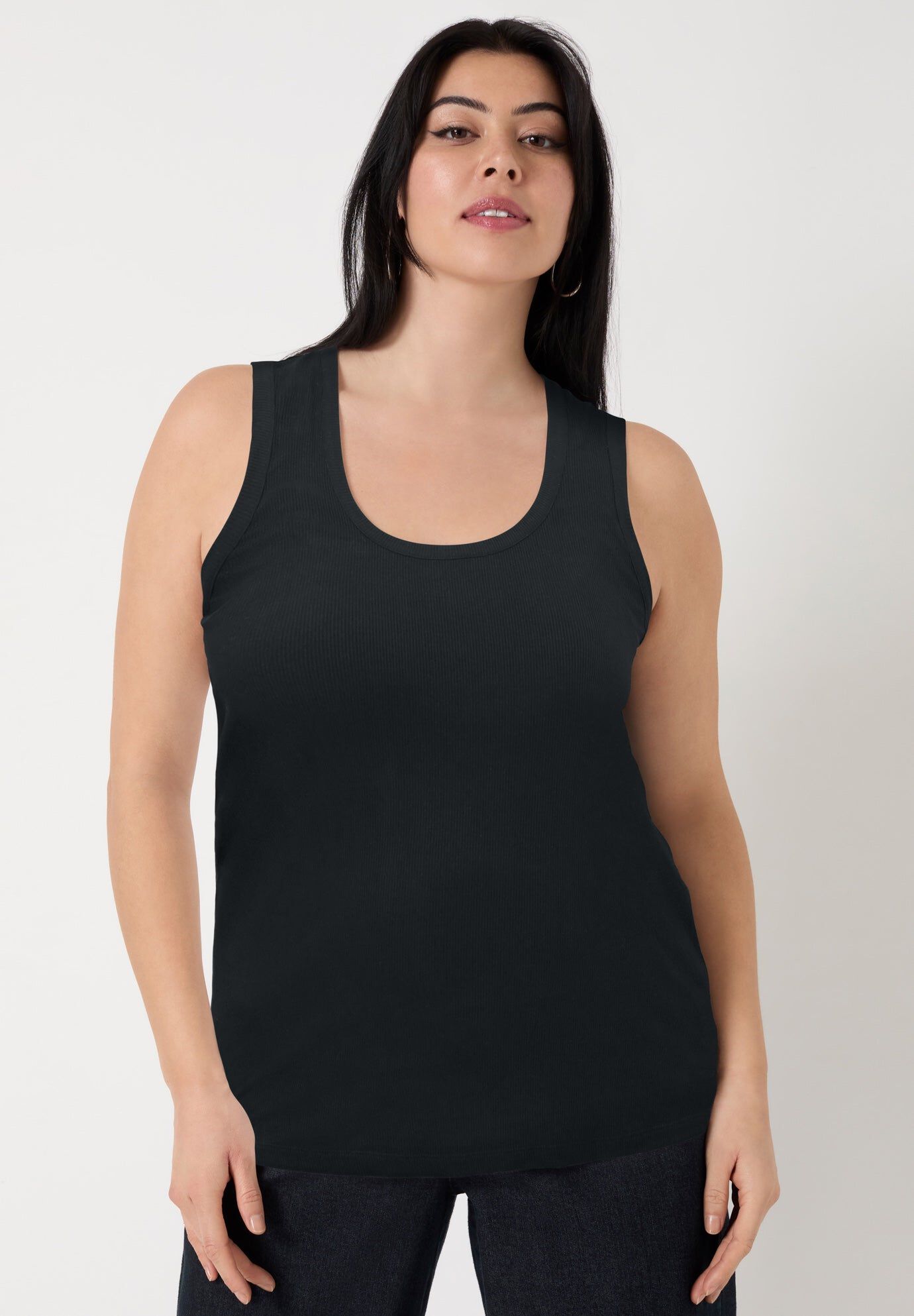 Ribbed Scoopneck Tank Top, BLACK, hi-res image number 0