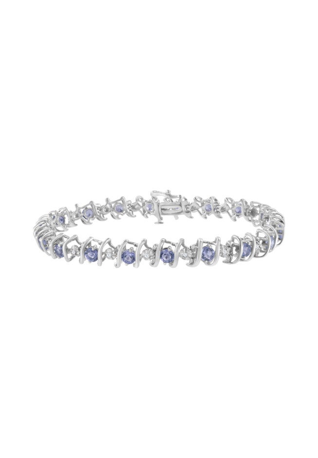 Sterling Silver Gemstone & Round Diamond Tennis Bracelet Tanzanite December Birthstone, WHITE, hi-res image number null