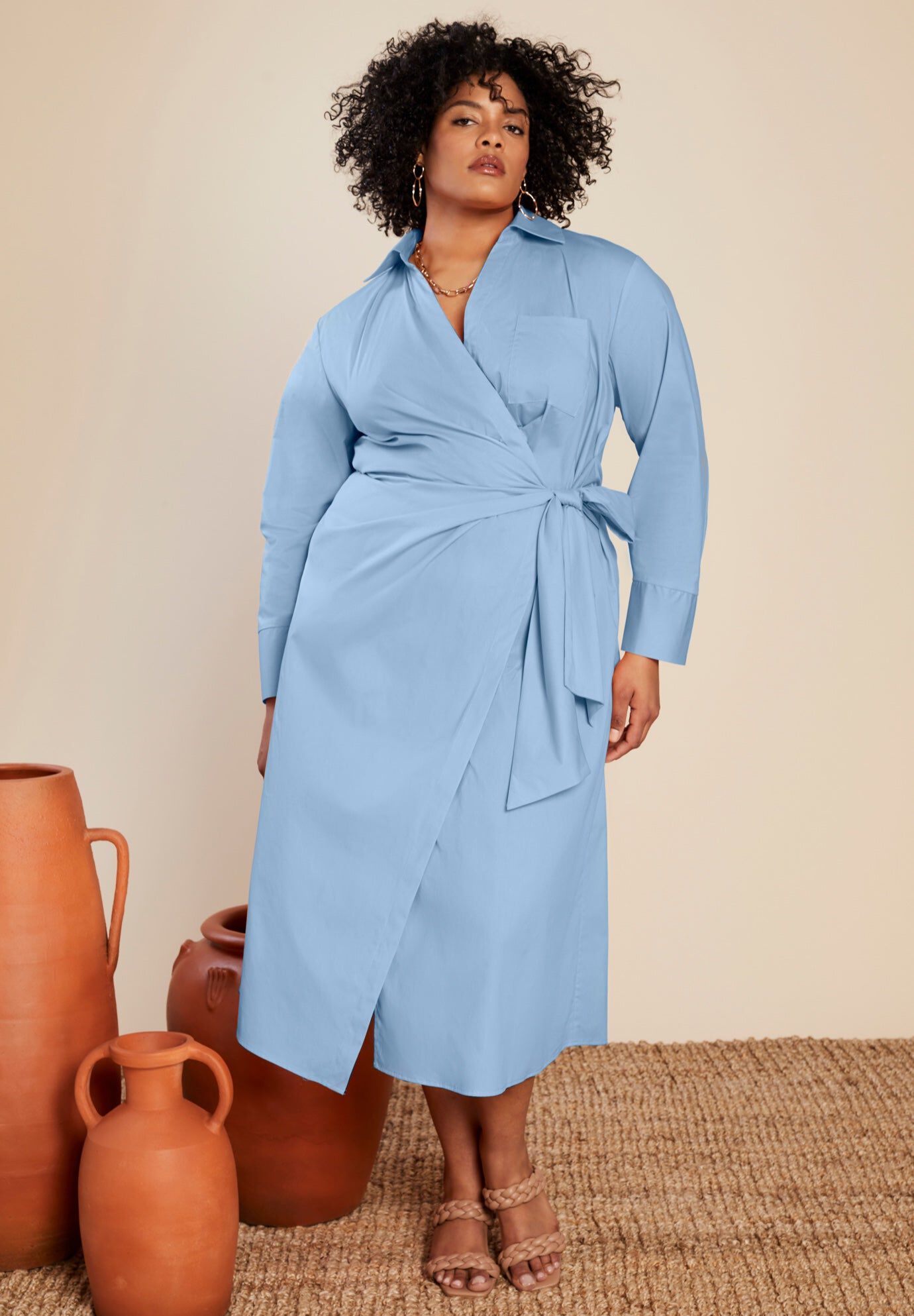 Collared Midi Wrap Dress, SKYLIGHT BLUE, hi-res image number 0