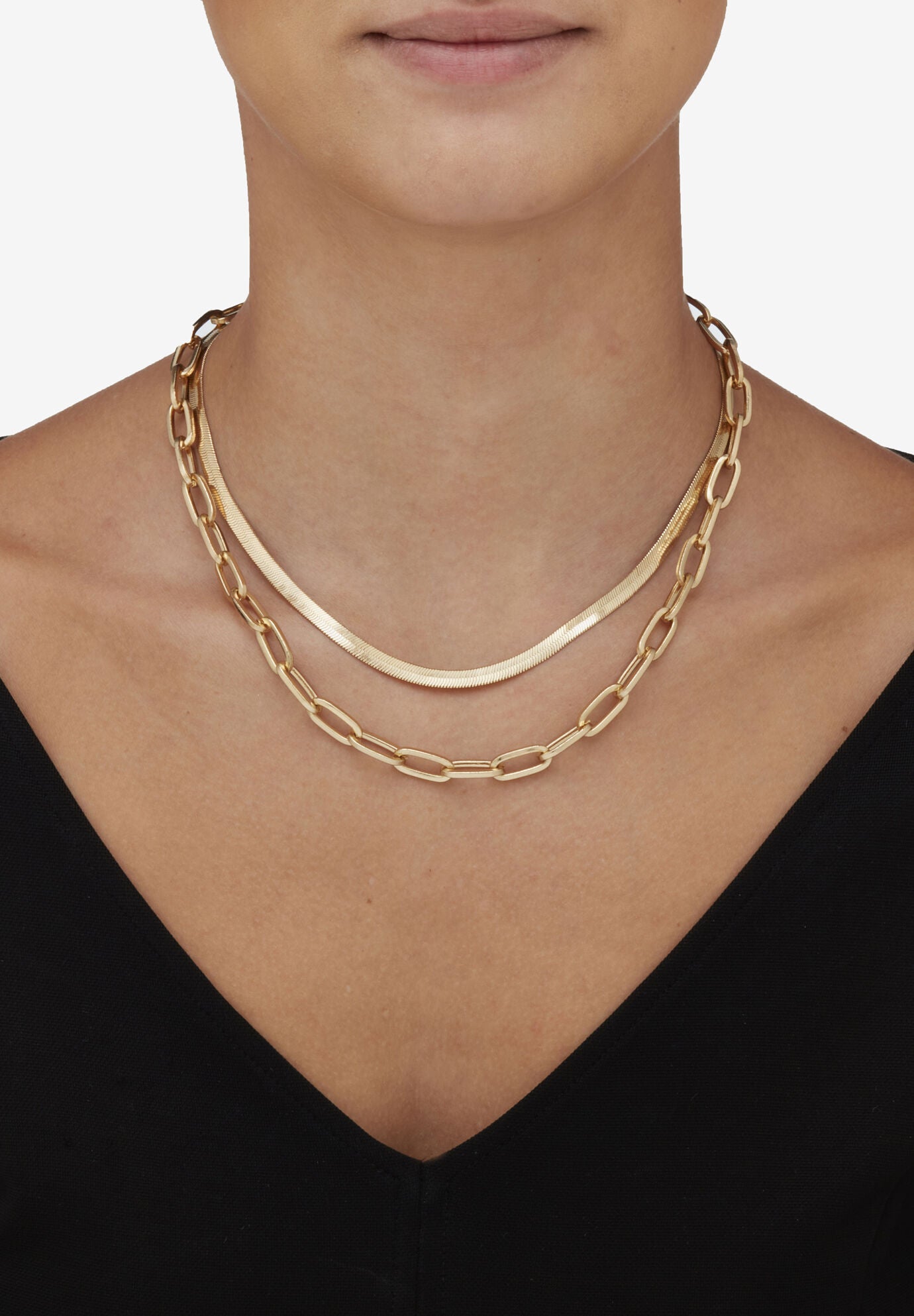 Multi-Chain Herringbone And Paperclip Necklace Gold-Plated 18 inches- 20 inches Length, , alternate image number 2