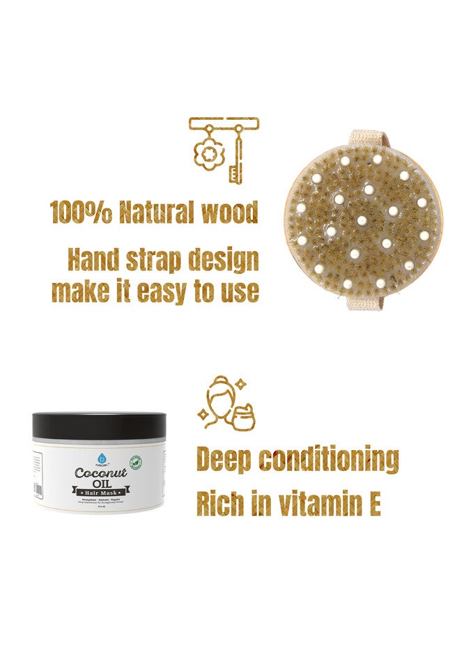 Hair Care And Massage Bundle: Bath Brush And Rubber Massager With Lotus Wooden Handle + 100% Natural Coconut Oil Hair Mask 10 Oz, , on-hover image number null