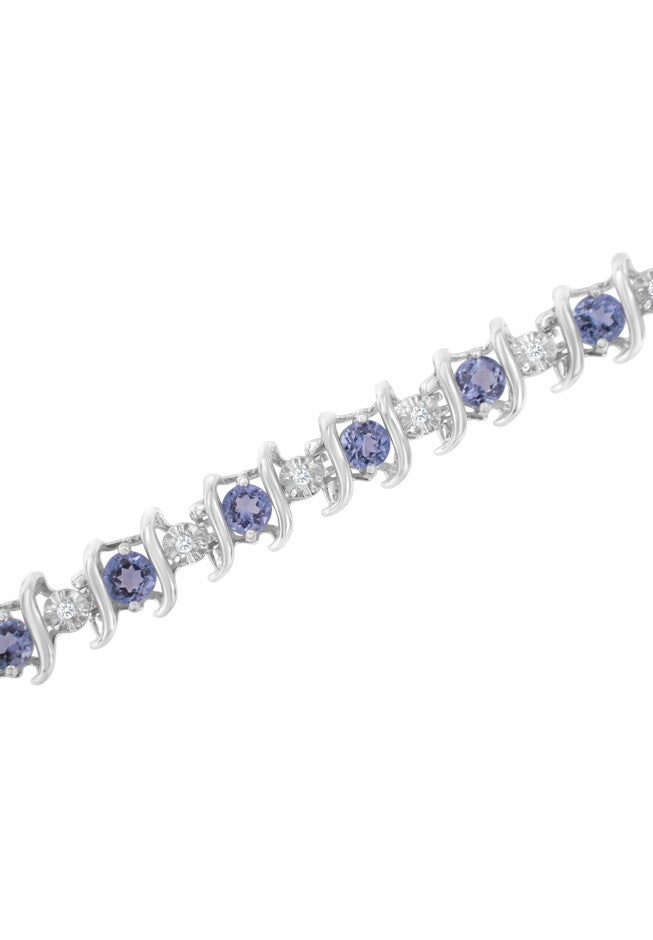 Sterling Silver Gemstone & Round Diamond Tennis Bracelet Tanzanite December Birthstone, , alternate image number null