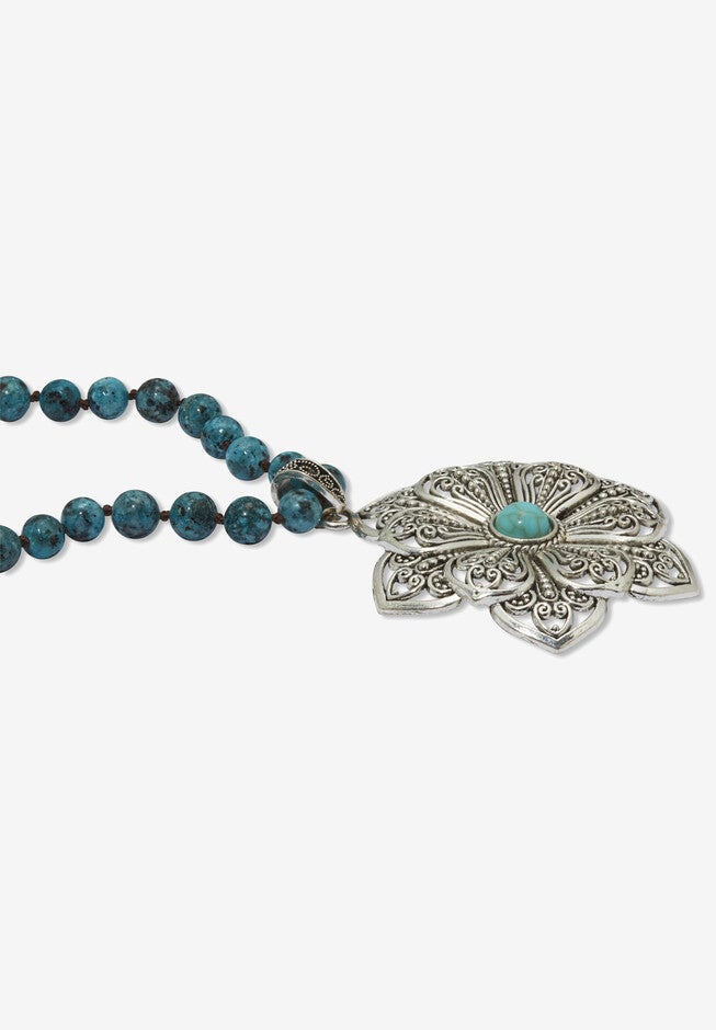 Round Genuine Jasper And Simulated Turquoise Silvertone Flower Necklace 34-Inch, , on-hover image number null