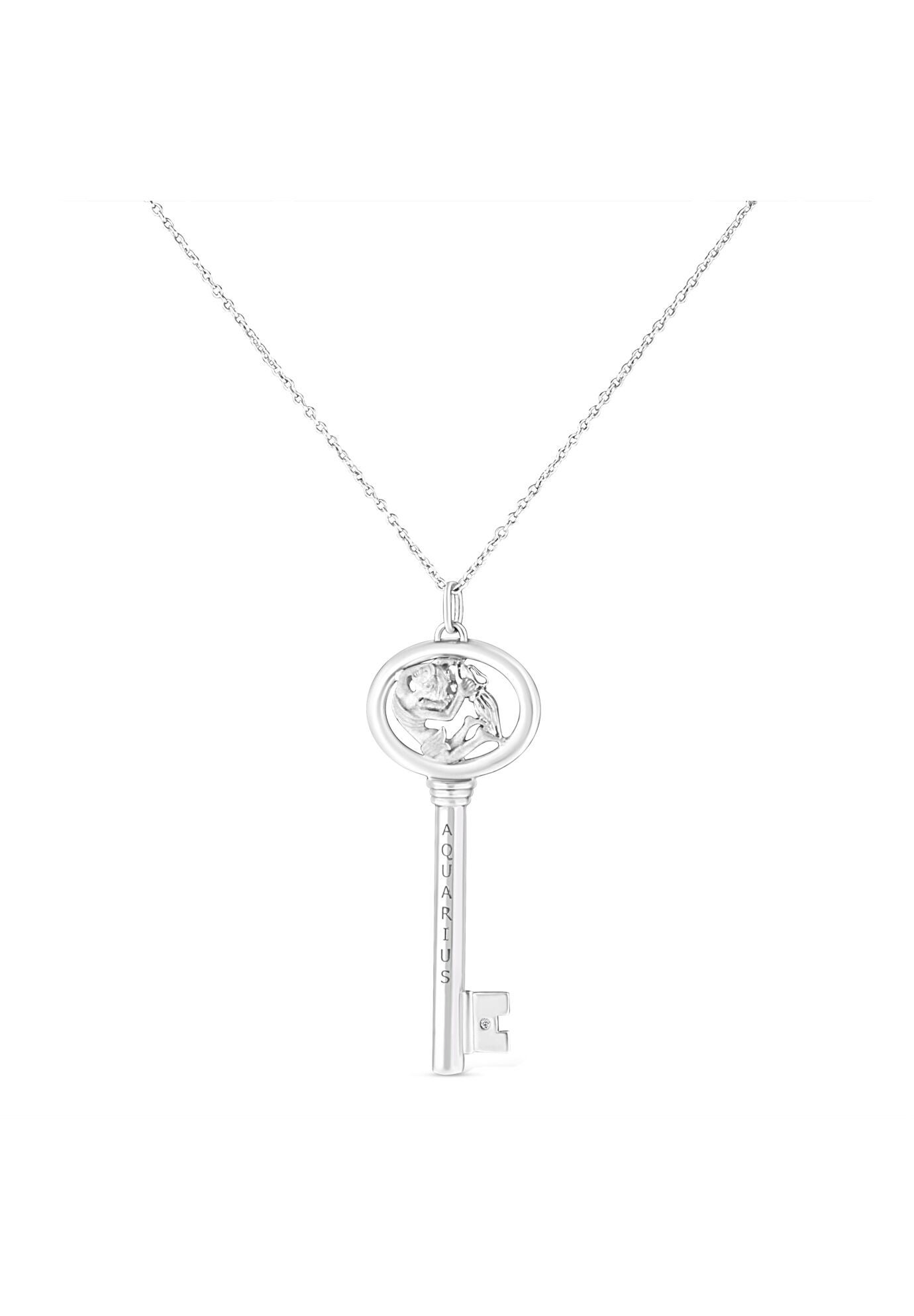 Sterling Silver Diamond Accent Aquarius Zodiac Key Pendant Necklace, , on-hover image number 1