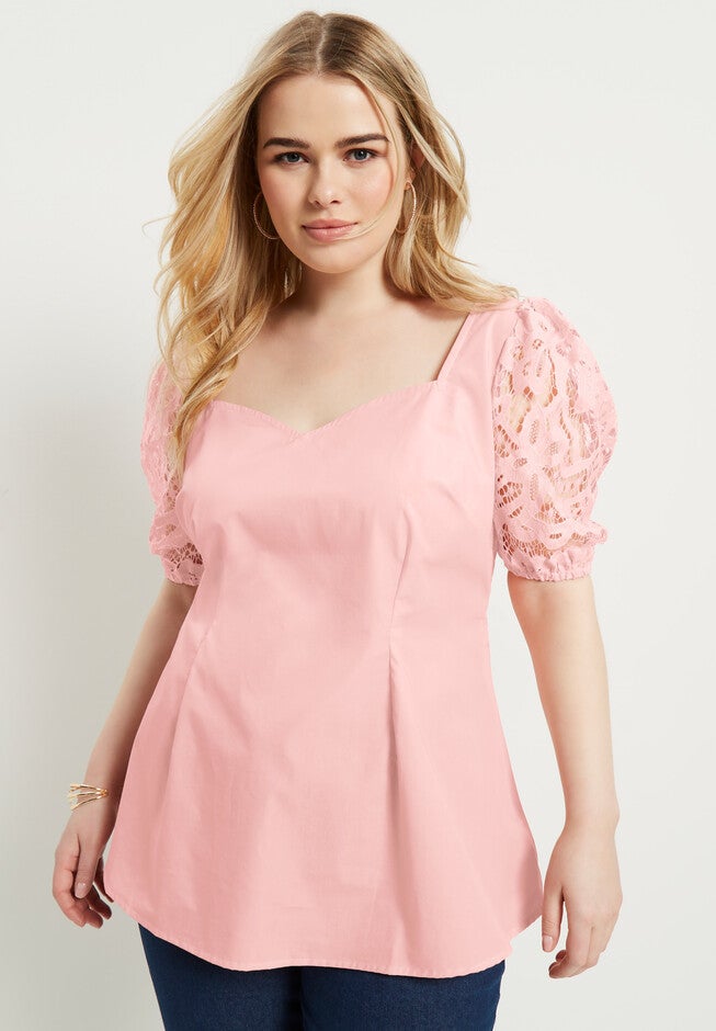 Lace Puff-Sleeve Blouse, , alternate image number null