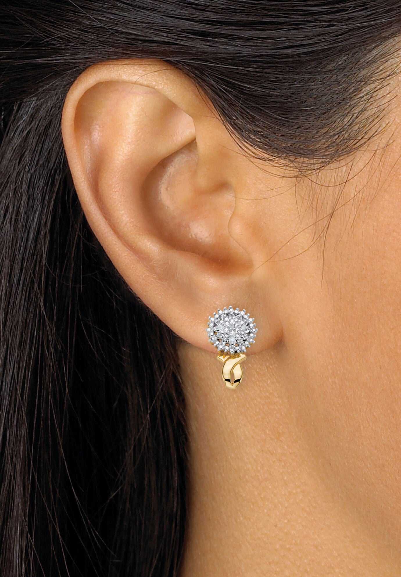 Gold-Plated Cluster Button Earrings with Genuine Diamond Accent, , alternate image number 2