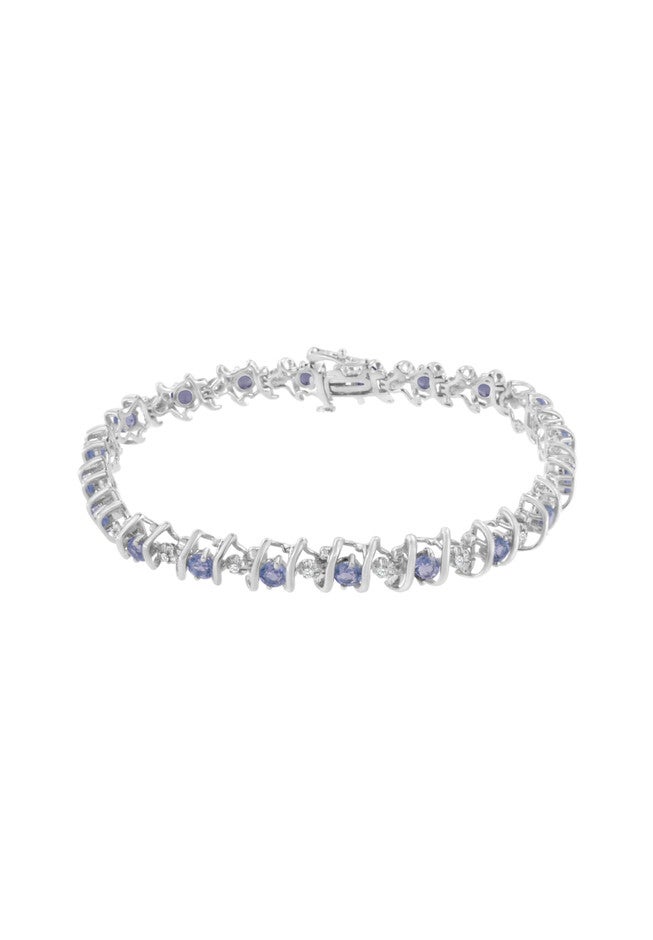 Sterling Silver Gemstone & Round Diamond Tennis Bracelet Tanzanite December Birthstone, , on-hover image number null