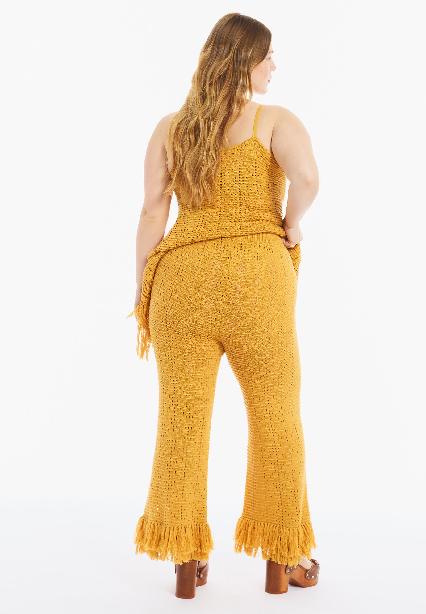 Fringe Trim Pointelle Knit Pant, HONEY GOLD, alternate image number 2