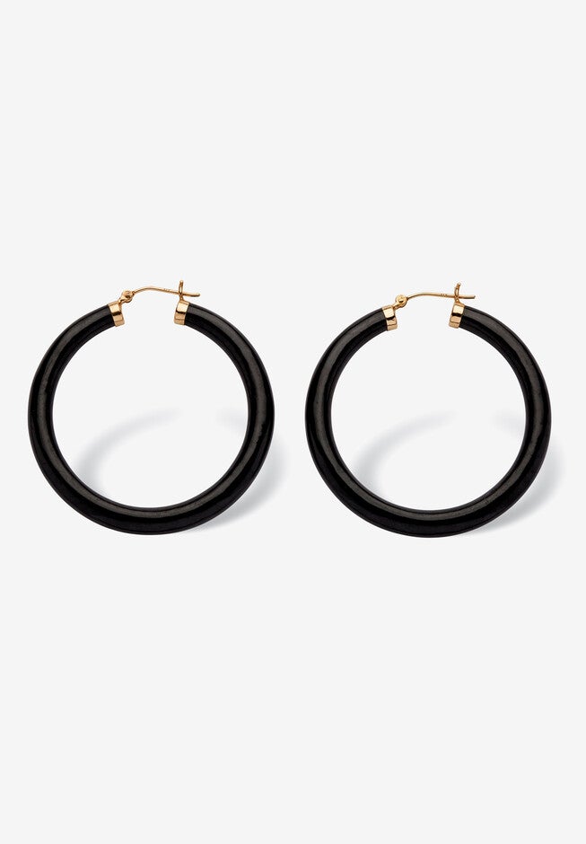 Genuine Black Jade Hoop Earrings In 14K Yellow Gold, , on-hover image number 1