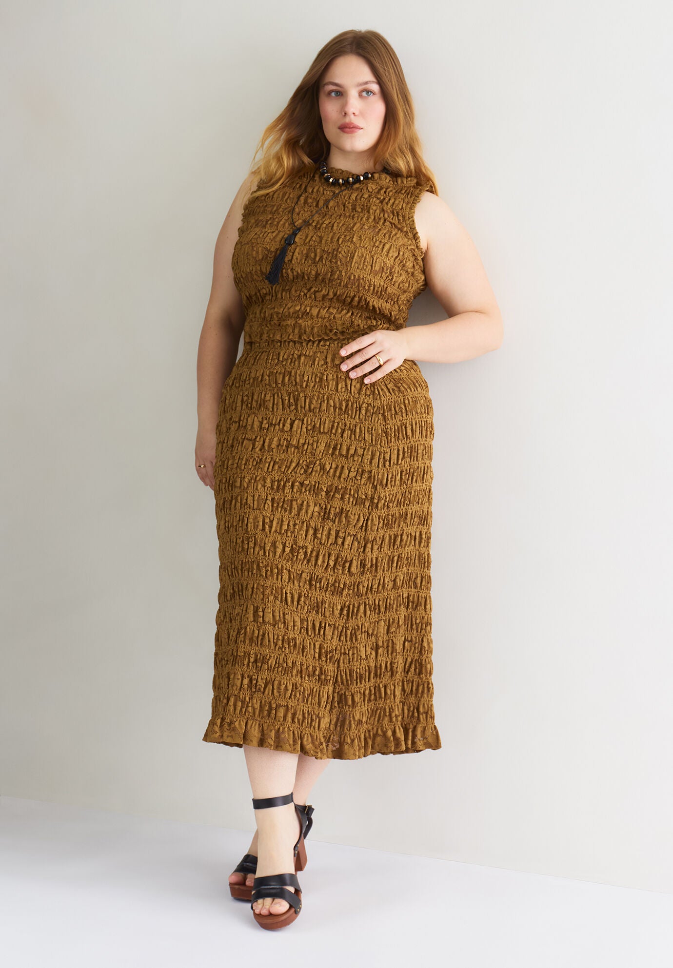 Smocked Lace Knit Midi Skirt, GARDEN OLIVE, alternate image number 3
