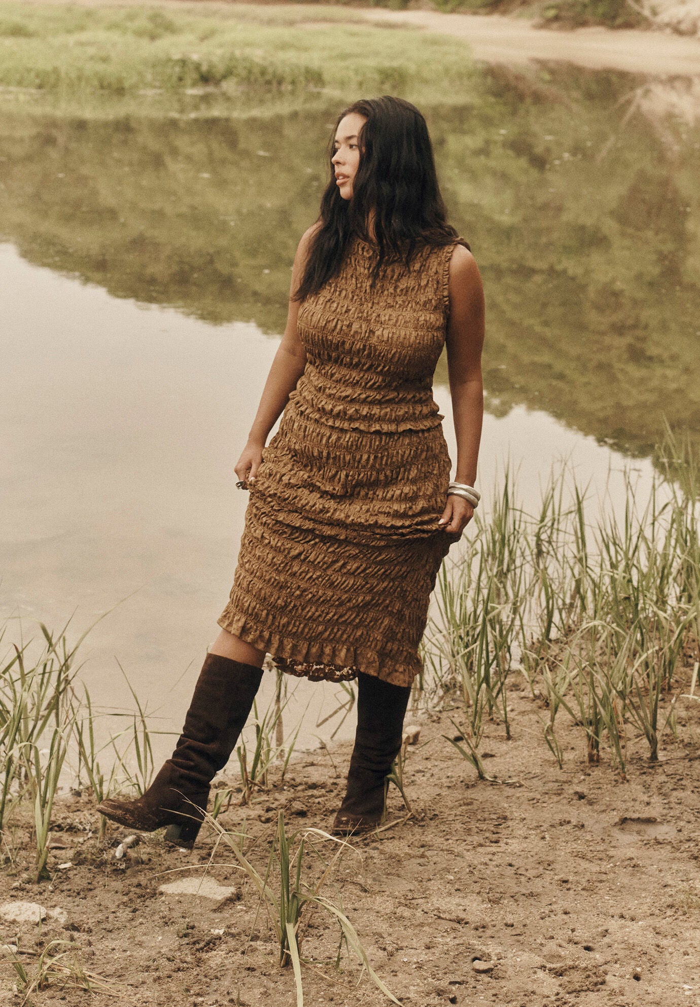 Smocked Lace Knit Midi Skirt, GARDEN OLIVE, alternate image number 4