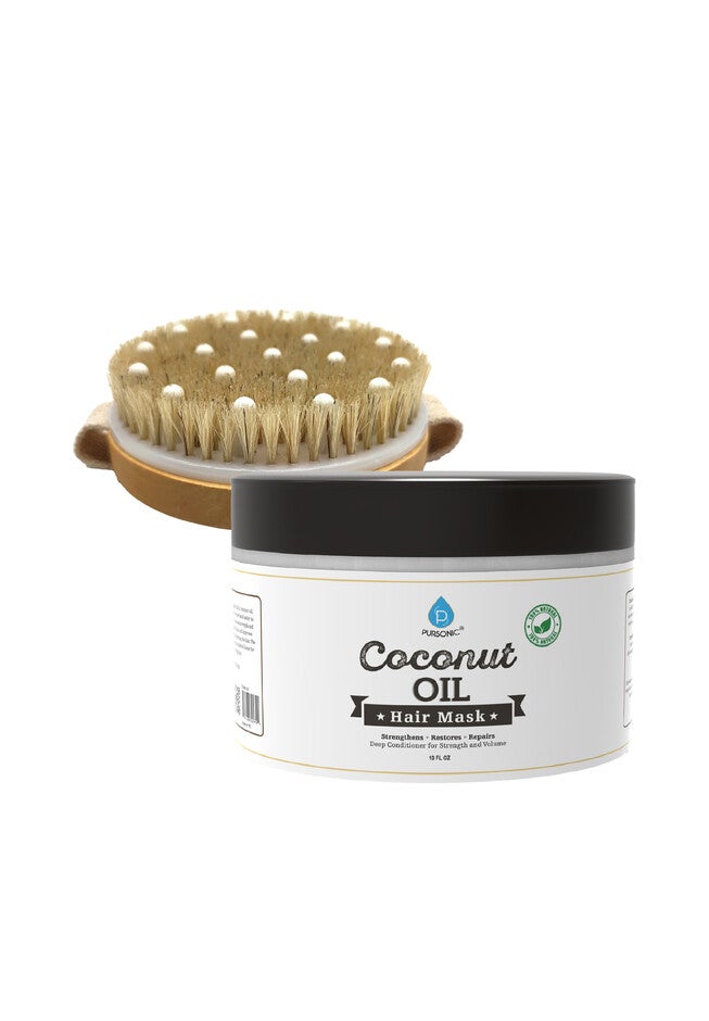 Hair Care And Massage Bundle: Bath Brush And Rubber Massager With Lotus Wooden Handle + 100% Natural Coconut Oil Hair Mask 10 Oz, O, hi-res image number null