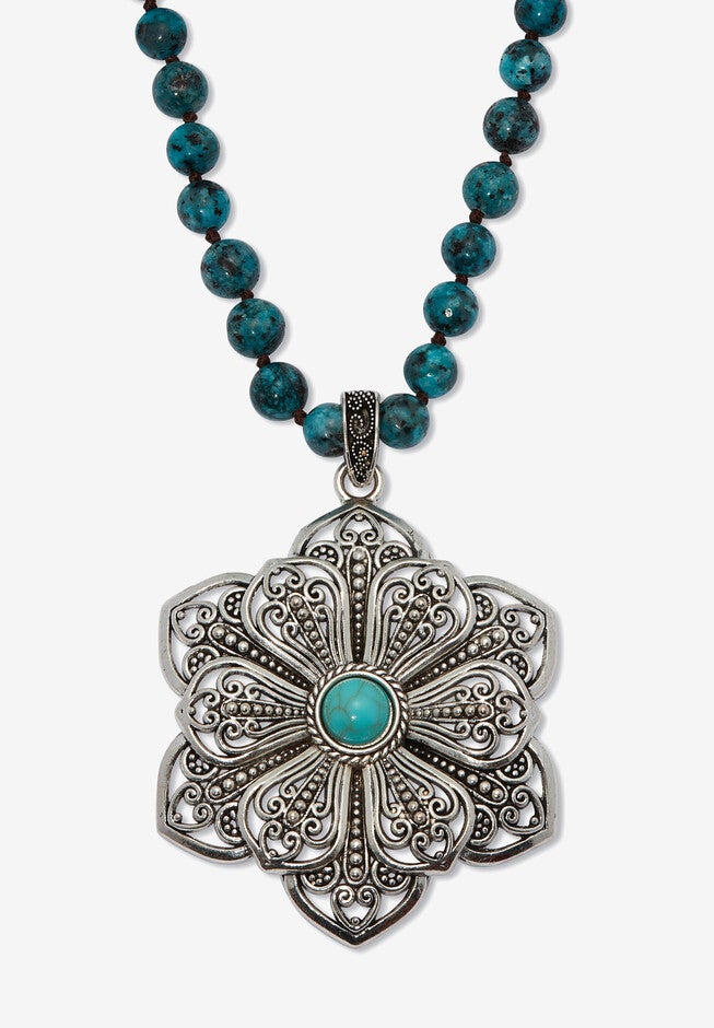 Round Genuine Jasper And Simulated Turquoise Silvertone Flower Necklace 34-Inch, BLUE BROWN, hi-res image number null